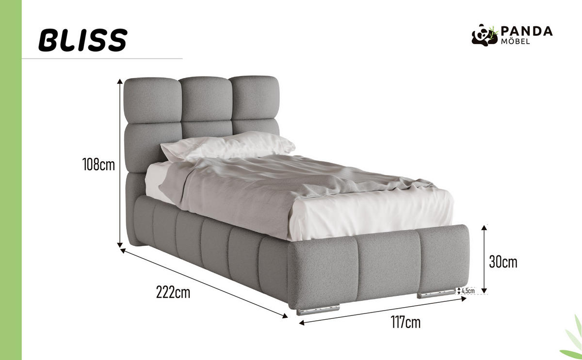 POLSTERBETT Bliss 90 x 200 cm mit Bettkasten und Lattenrost 7zonen Multipocketmatratze CIRA (24cm) - grau - Grau, Holz (90/200cm) - Panda Möbel