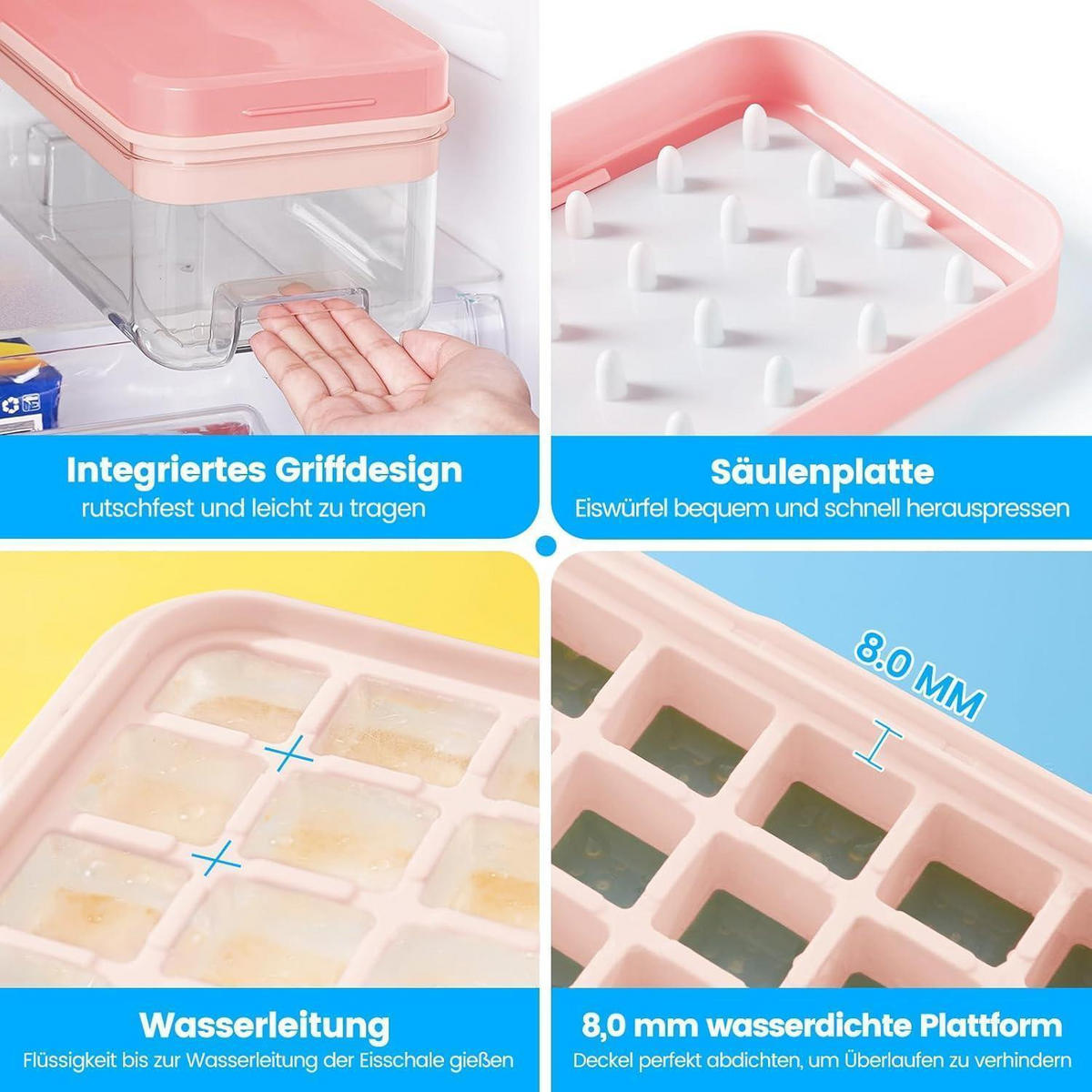 EISWÜRFELFORM mit Deckel und Behälter für 96 Eiswürfel - Rosa, Kunststoff (18.4/13.7/26.1cm)