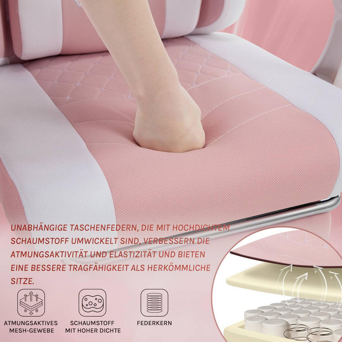GAMINGSTUHL mit Massagefunktion, Netzstoff, Rosa+Weiß - Weiß/Rosa, Textil/Metall (70/127/70cm) - Woltu