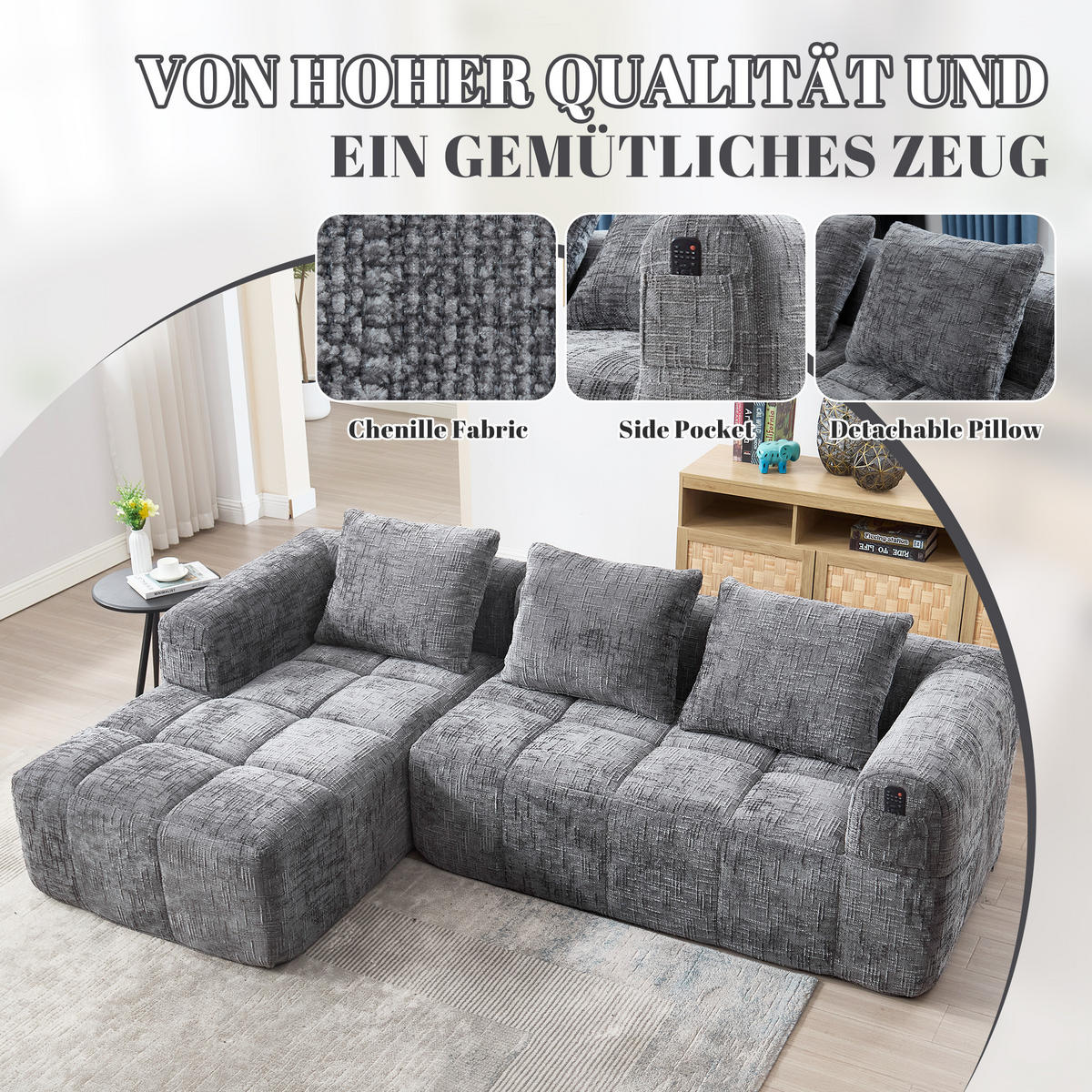 ECKSOFA chenille L-form mit chaiselongue & 3 kissen - Grau, Textil (250/158cm) - Urban Meuble