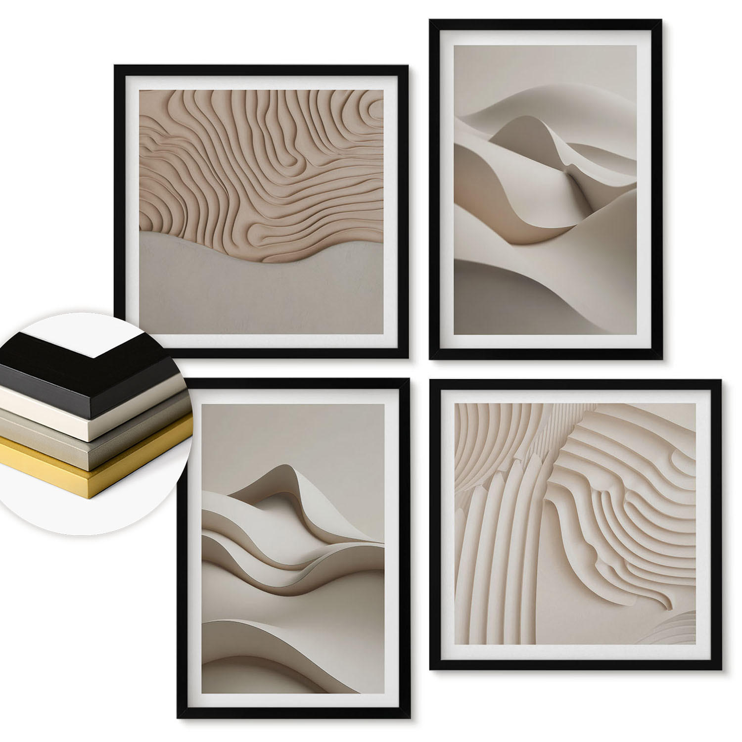 WANDBILDER 4er-Set - 50x50 cm & 40x60 cm Schwarzer Rahmen - Abstrakte beige Wellen - Schwarz, Kunststoff (50/50cm) - ArtPrintCave