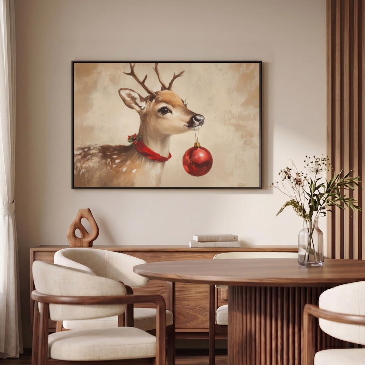 LEINWAND Bilder mit Rahmen - Weihnachten - Hirsch - Geweih - Weihnachtskugel - Rentier - 90x60 - Hellbraun, Textil (90/60cm) - MuchoWow