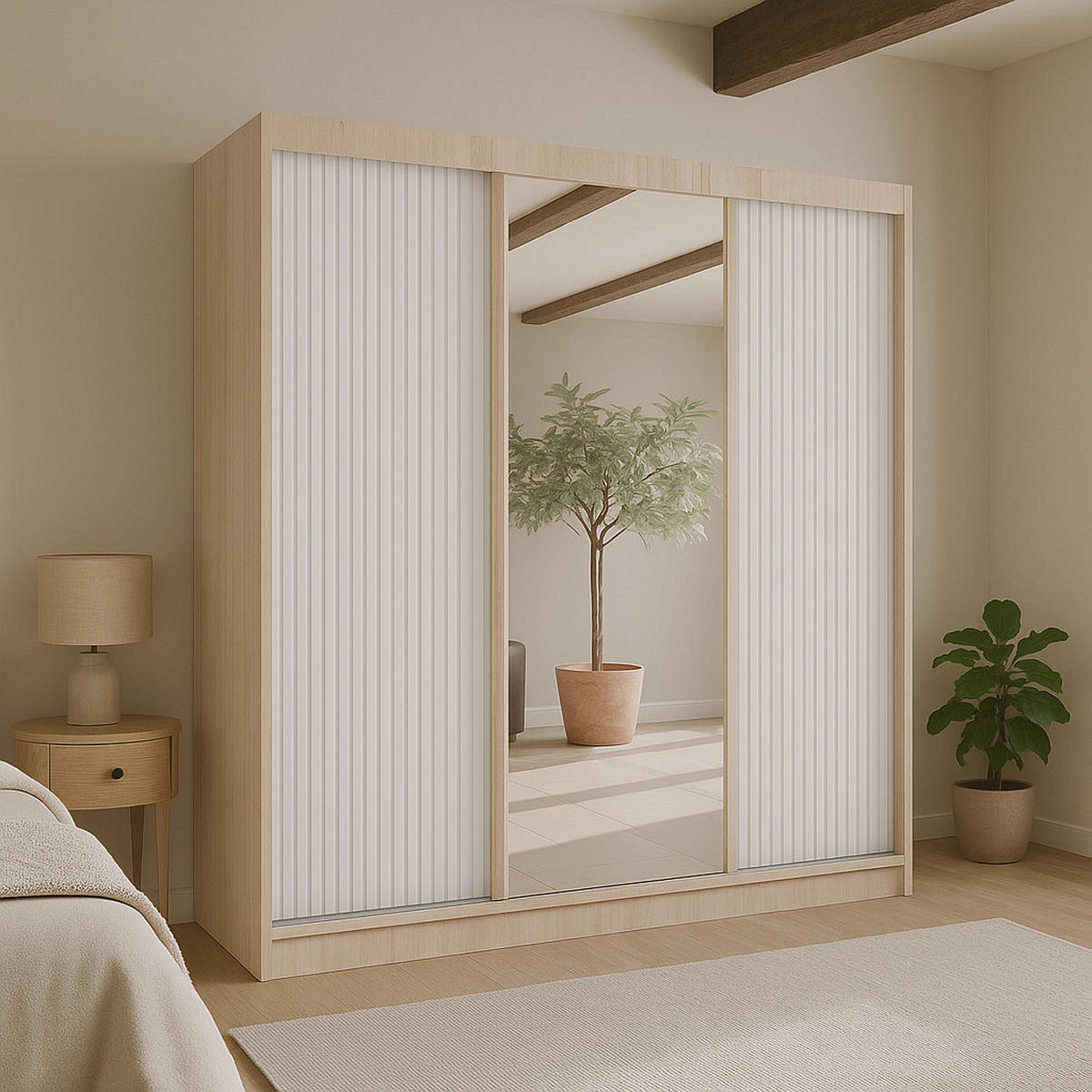 SCHWEBETÜRENSCHRANK Rafi mit Spiegel und mit geriffelten Fronten, 200 cm, eiche Sonoma+Weiß - Weiß/Sonoma Eiche, Holzwerkstoff (200/215/61cm) - AN-Moebel 4u