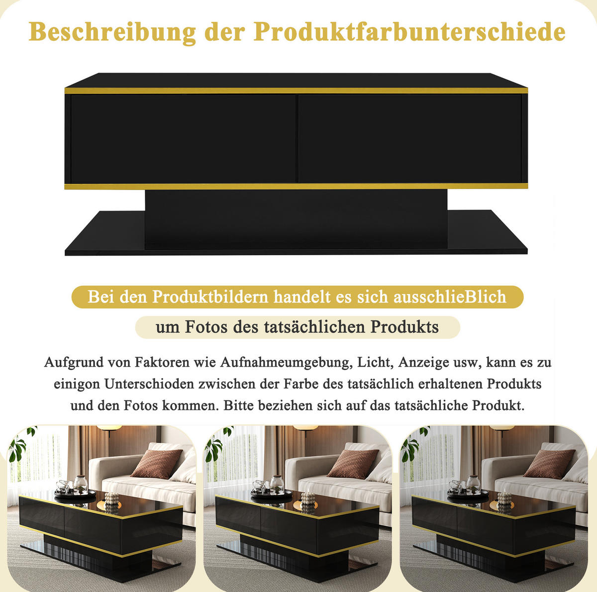 COUCHTISCH 100/50/40 cm mit LED-Beleuchtung, 3 Schubladen und offenem Fach aus Spanplatte, Schwarz/Gold - Schwarz, Holzwerkstoff (100/50/40cm) - Redom