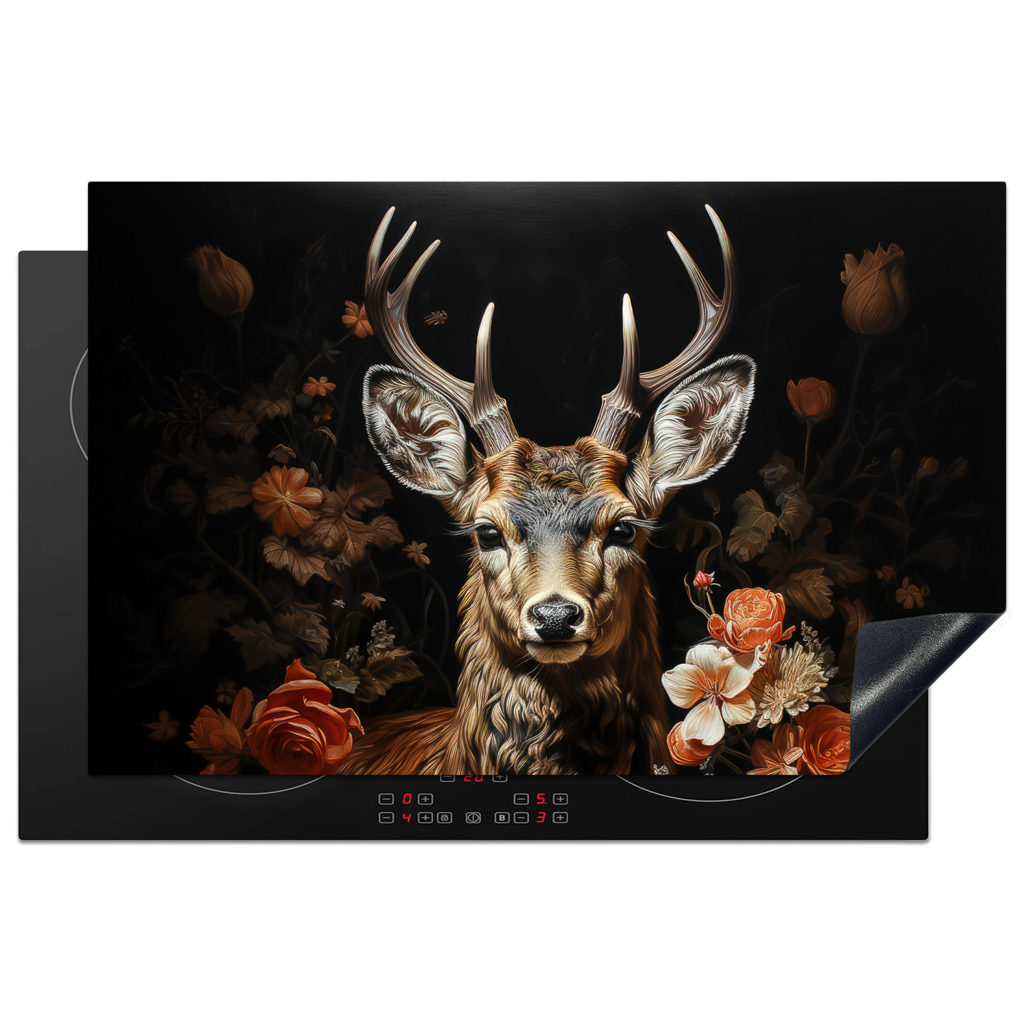 HERDABDECKPLATTE Hirsch - Tier - Blumen - Natur - Botanisch 80x52 cm - Kupferfarben, Kunststoff (80.2/0.2/52.2cm) - MuchoWow
