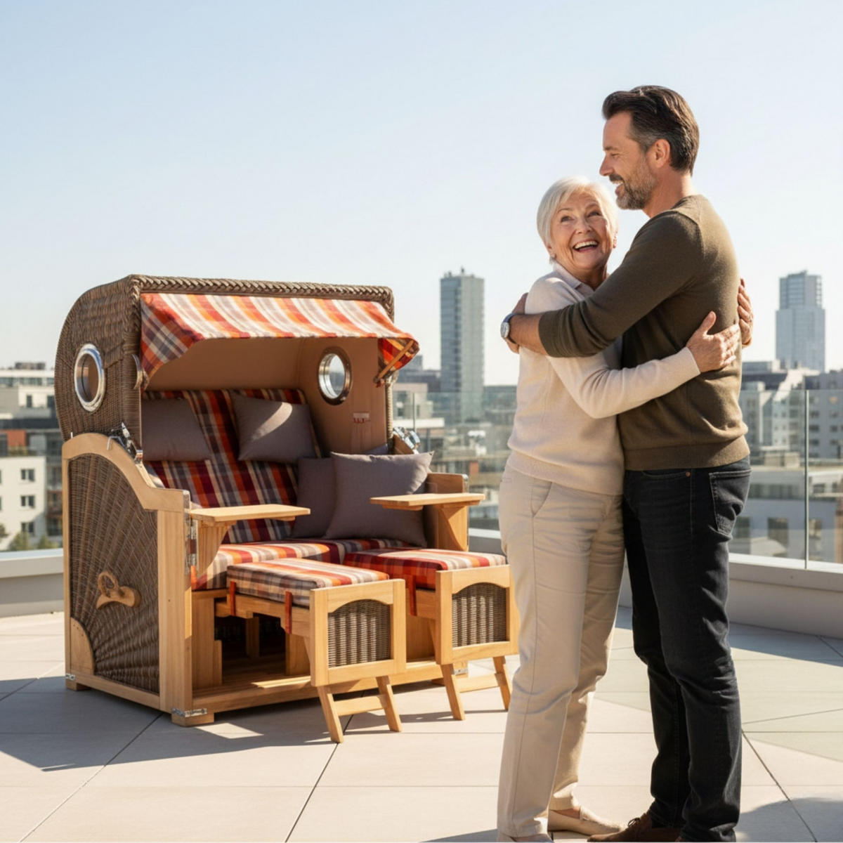 STRANDKORB Düne Grande Bullauge Teak PE Grey Dessin 584 - Rot/Braun, Metall (142/170/95cm) - Mr. Deko