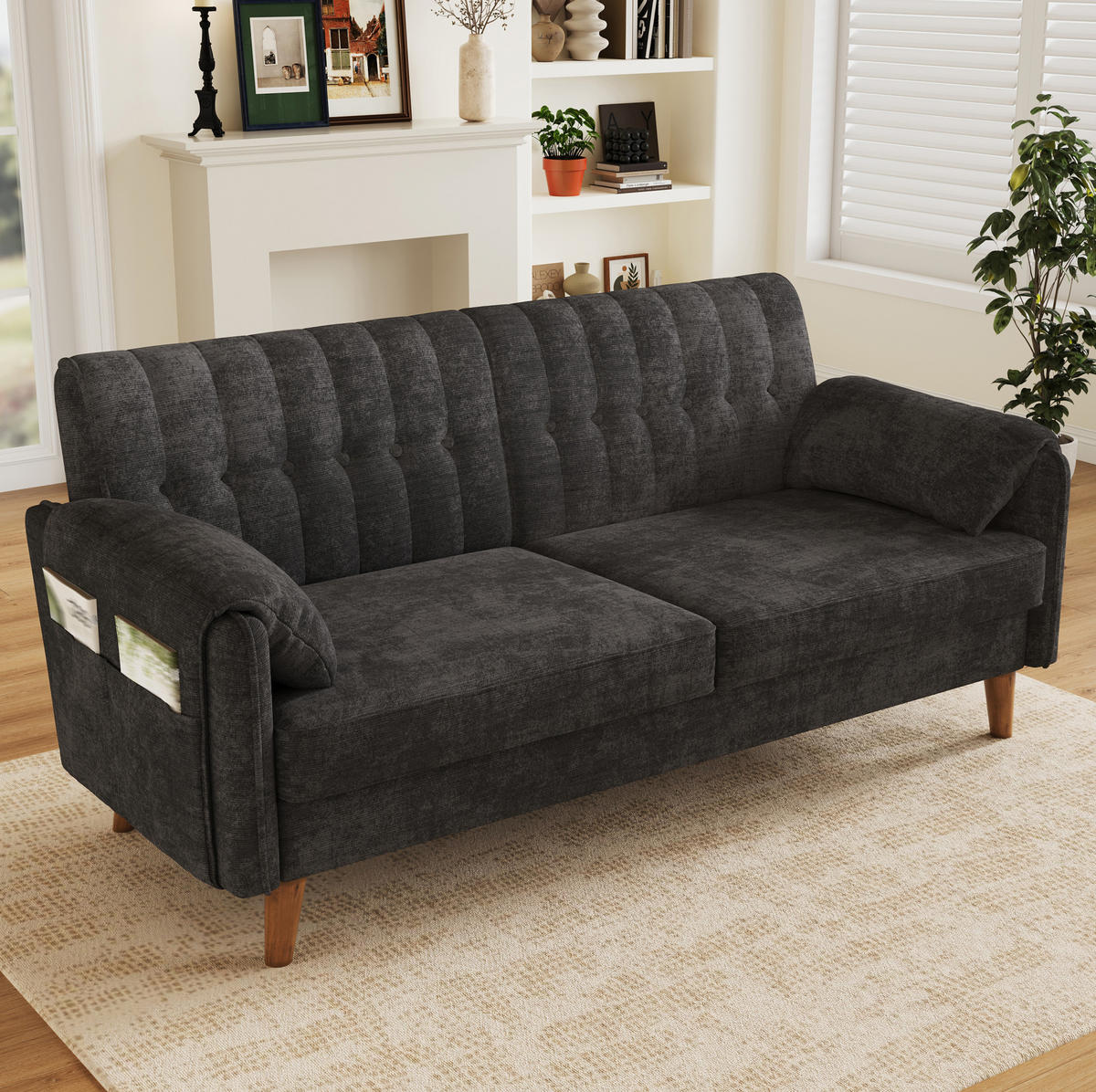 SOFA 161,5/79/83,5 cm in Dunkelgrau aus Chenille mit Armlehnenkissen - Anthrazit, Textil (79/83.5/161.5cm) - Flora Grace