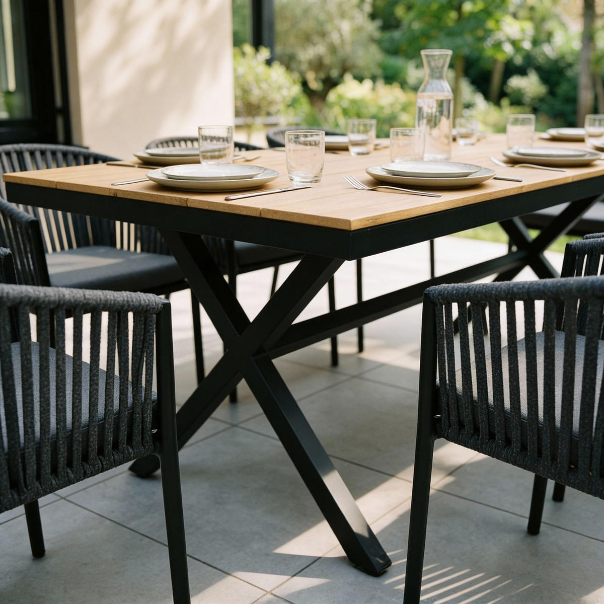 GARTENTISCH ISOLA grau/natur - Schwarz/Naturfarben, Kunststoff/Metall (100/180/76cm) - IDIMEX