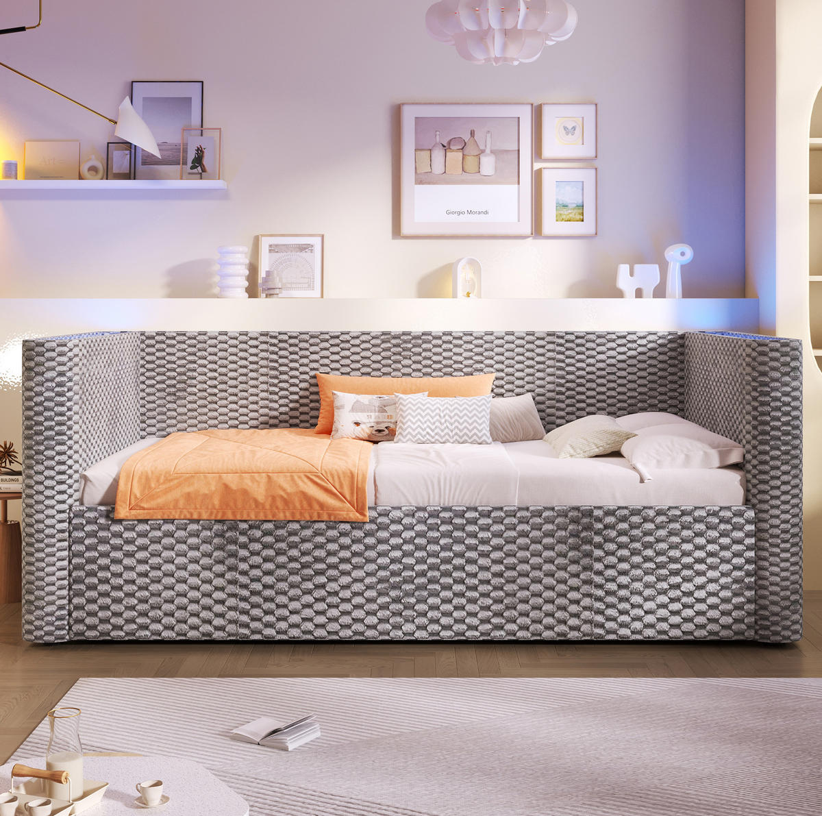 BETT 90/200 cm aus Samt mit Stauraum und LED-Beleuchtung - Grau, Textil (90/200cm) - Flora Grace