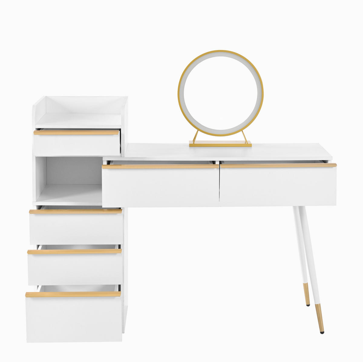 SCHMINKTISCH 41,5/100/102 cm mit ausziehbarer Tischplatte, LED-Spiegel und 6 Schubladen, Weiß - Weiß, Holzwerkstoff (100/102/41.5cm) - Redom