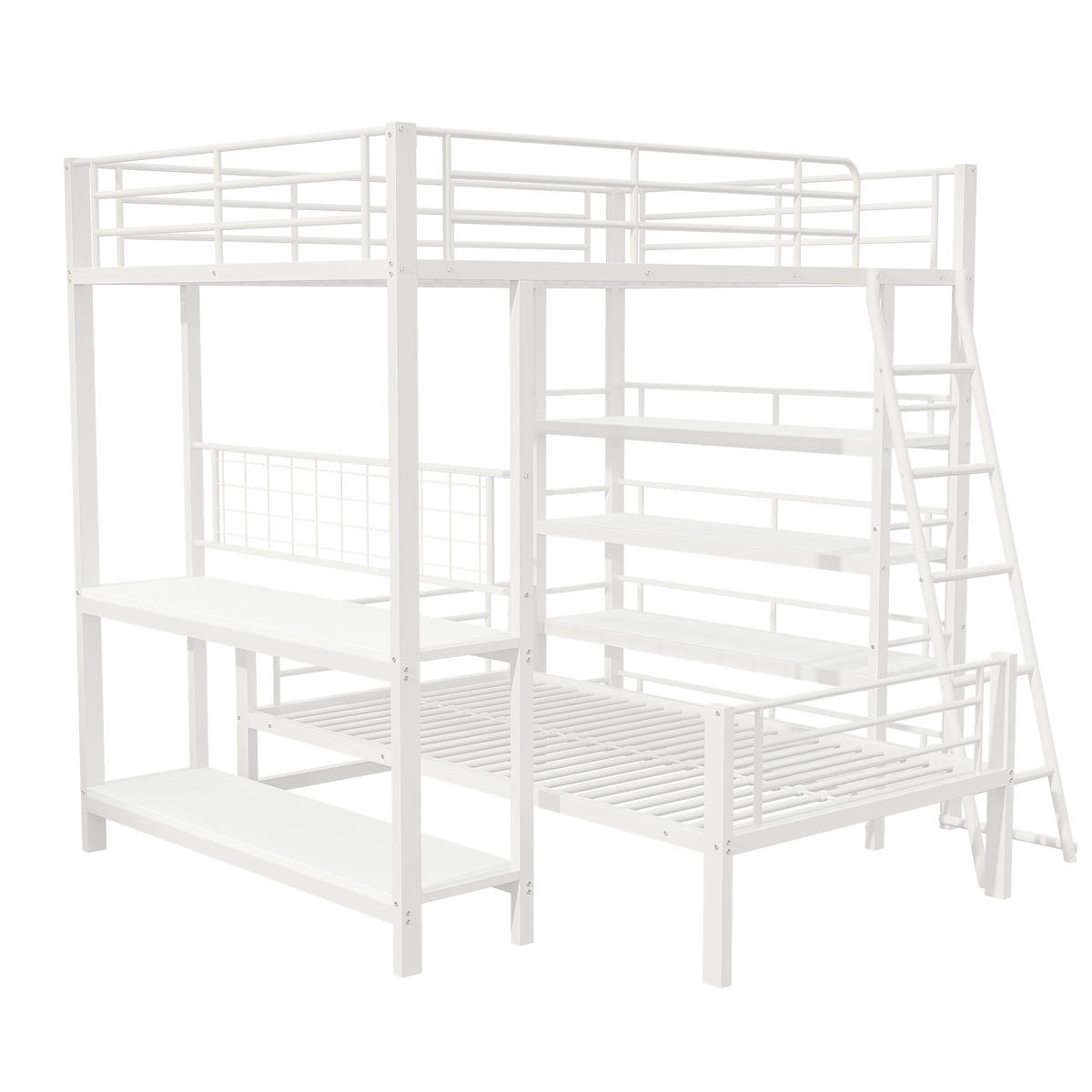 HOCHBETT mit Regalfächern 140/200 cm in Weiß aus Metall – platzsparend & wandelbar - Weiß, Metall (140/200cm) - BEAOK