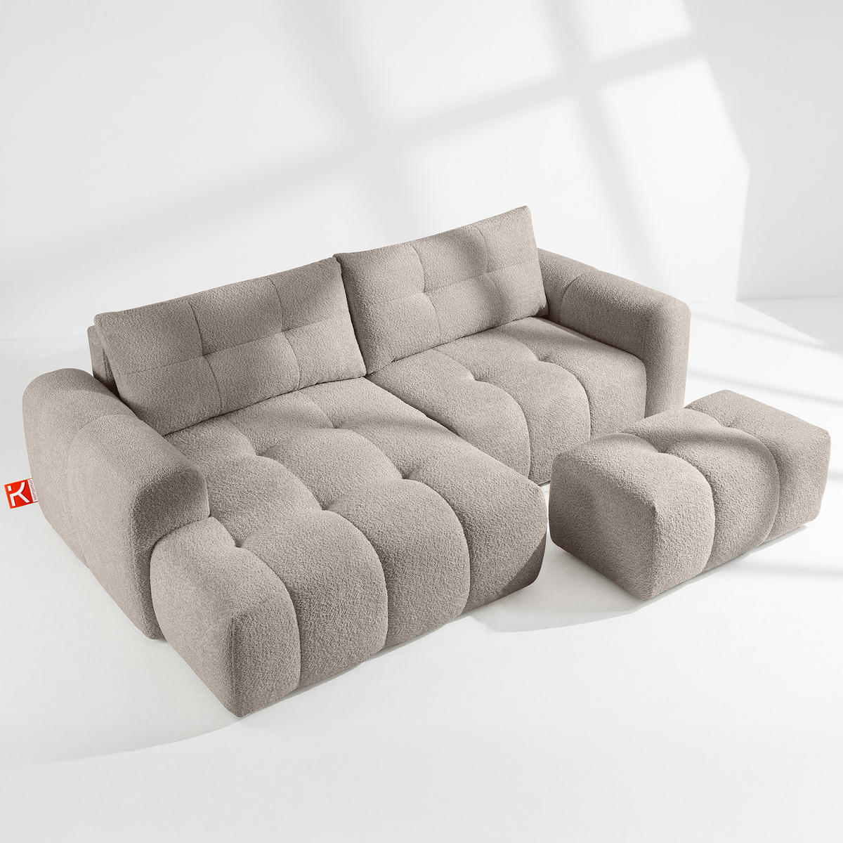 ECKSOFA MIT HOCKER RAVIA, Bouclé, Grau - Grau, Holz/Textil (96/50cm) - KONSIMO®