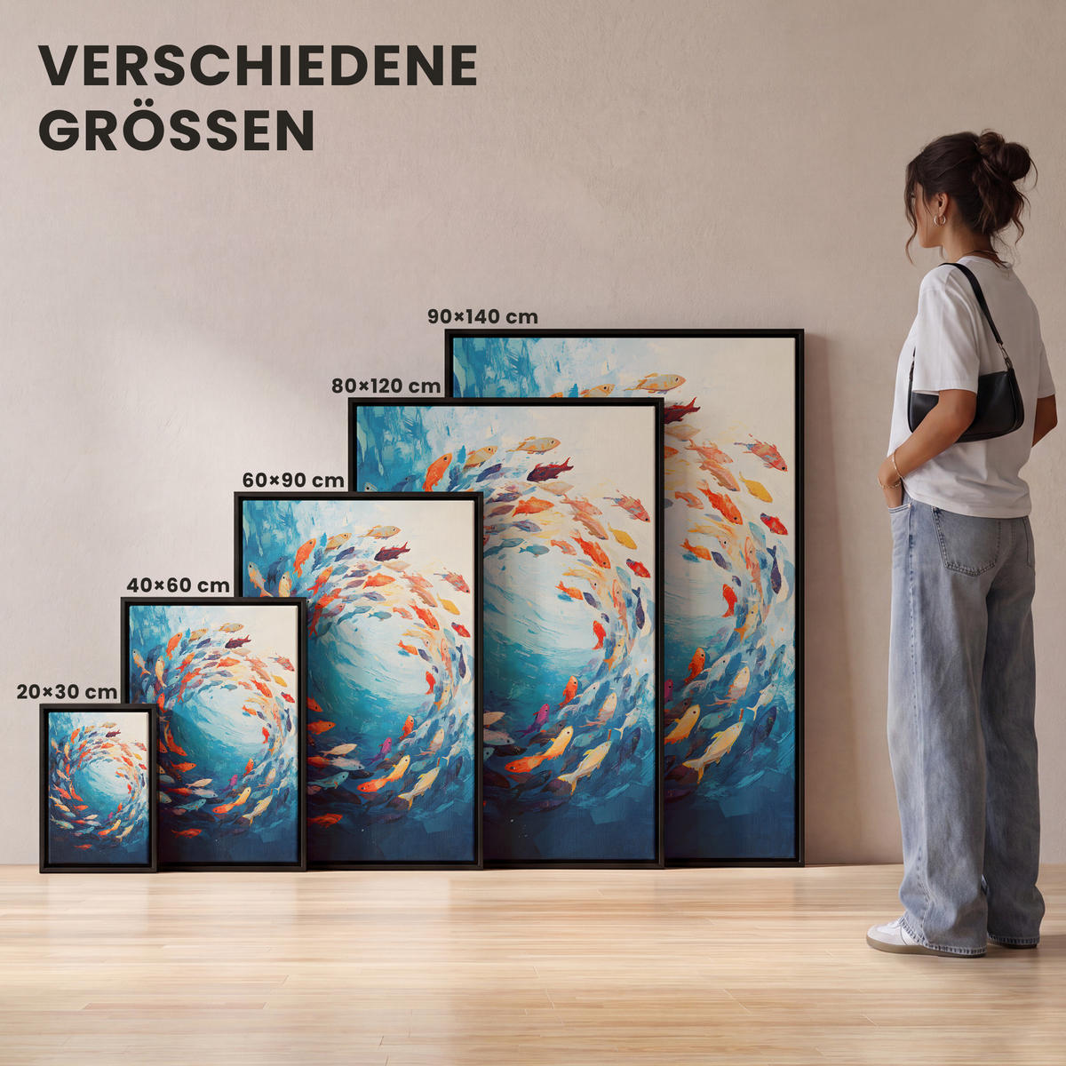 LEINWAND Bilder mit Rahmen - Meer - Fische - Bunt - Dynamisch - 40x60 - Hellblau, Textil (40/60cm) - MuchoWow