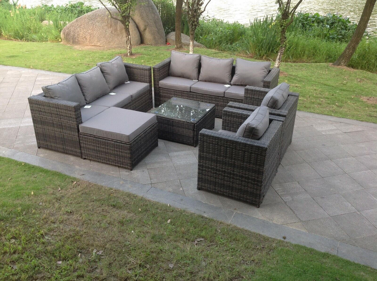 GARTENMÖBELSET mit Couchtisch Polyrattan 9-Sitzer - Dunkelgrau/Grau, Glas/Kunststoff - Fimous