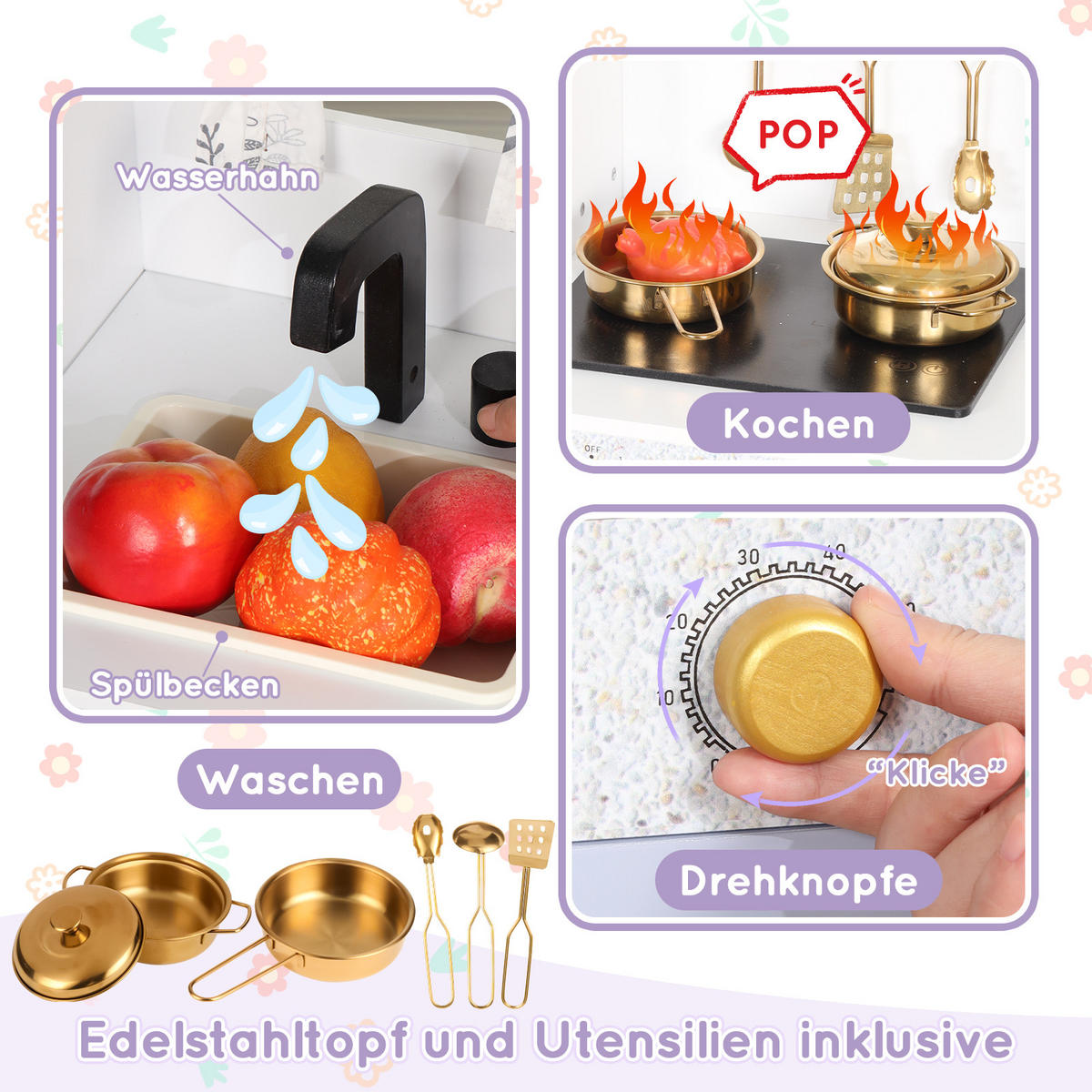 KINDERKÜCHE Weiß/Lila – Spielküche im Hausdesign mit Zubehör & Soundeffekten, Holz/Kunststoff, ab 3 Jahren 60x90x105cm - Lila, Holzwerkstoff (90/60/105cm) - Ej. Life