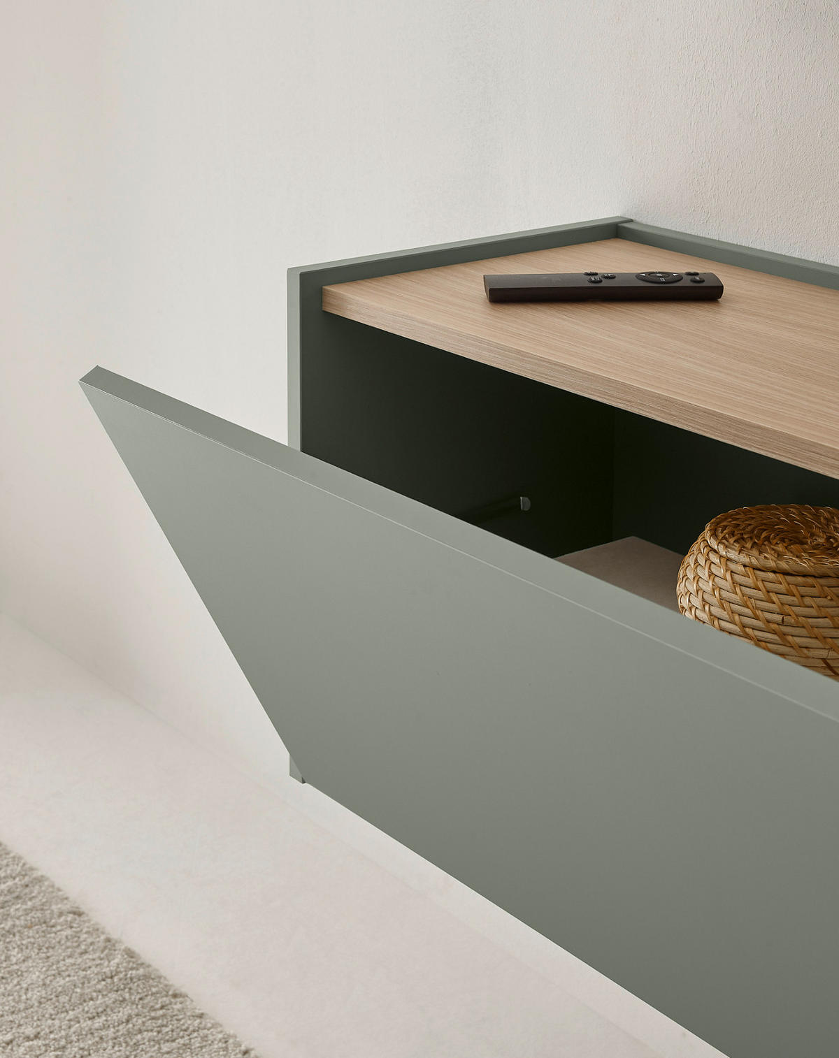 WOHNWAND in Salbei Grün mit Eiche, Wohnzimmer Fernsehschrank mit 300 cm TV Lowboard, gesamt 300 x 190 cm - Salbeigrün/Eichefarben, Holz/Holzwerkstoff (300/190/30cm) - Furn.Design