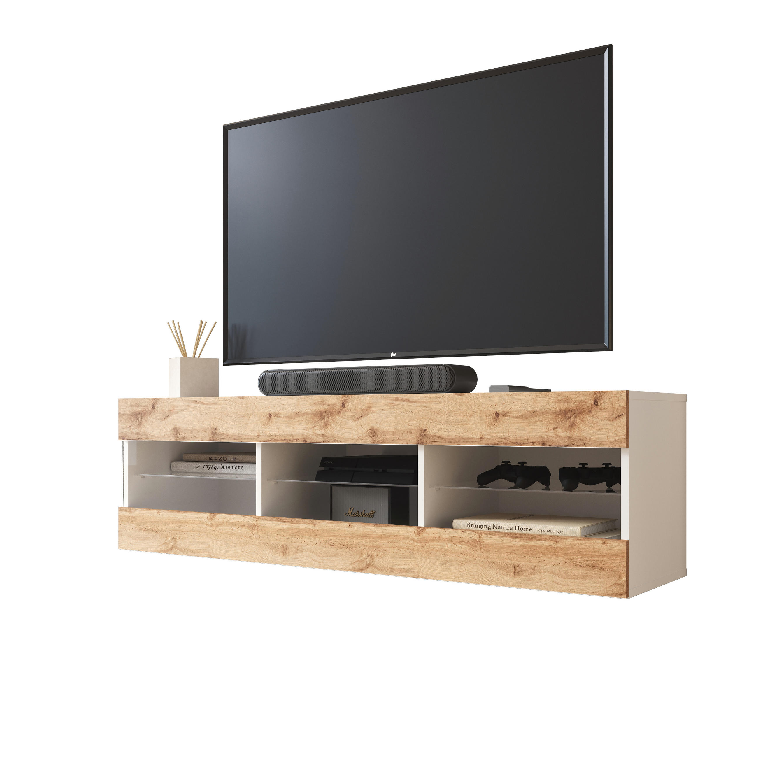 LOWBOARD TIVOLI RTV 140, Wotan - Eiche Wotan/Weiß, Glas/Holzwerkstoff (140/40.5/35.5cm) - Komodee