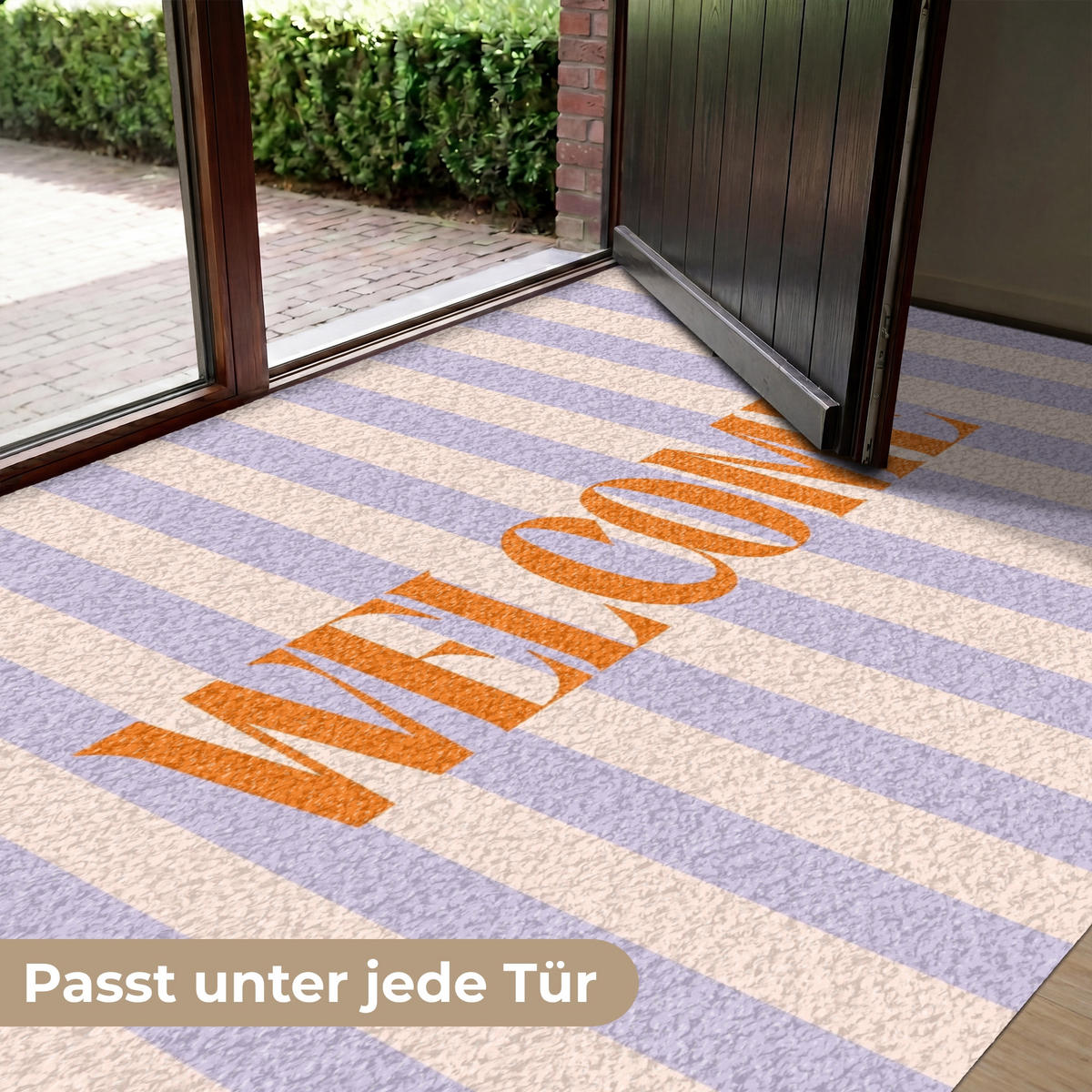 FUSSMATTE Lila – Orange – Streifen – Willkommen 180x120 cm - Flieder, Kunststoff (180/0.4cm) - MuchoWow