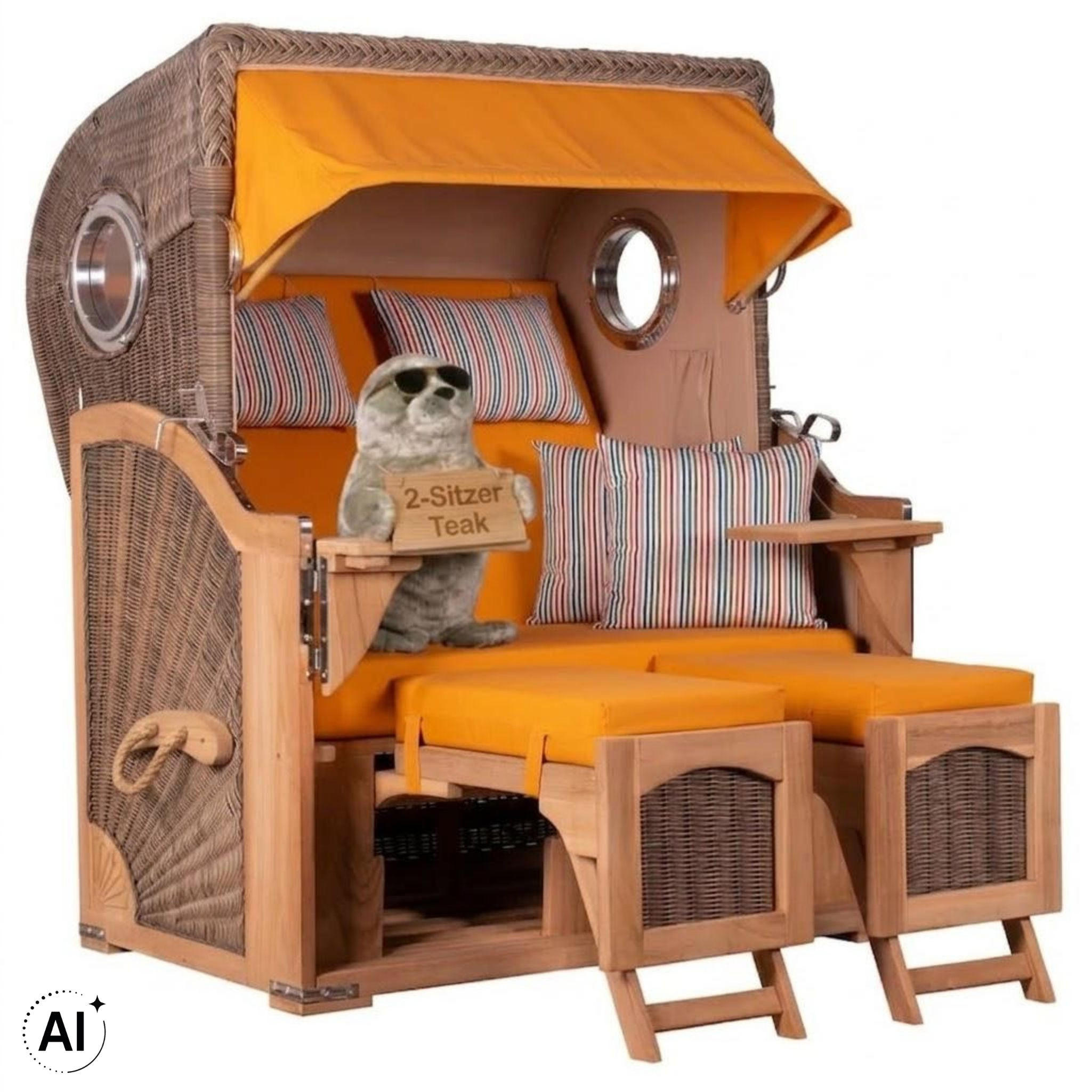 STRANDKORB Düne 2 Sitzer Teak PE Grey - Gelb/Braun, Holz/Metall (125/170/80cm) - Mr. Deko