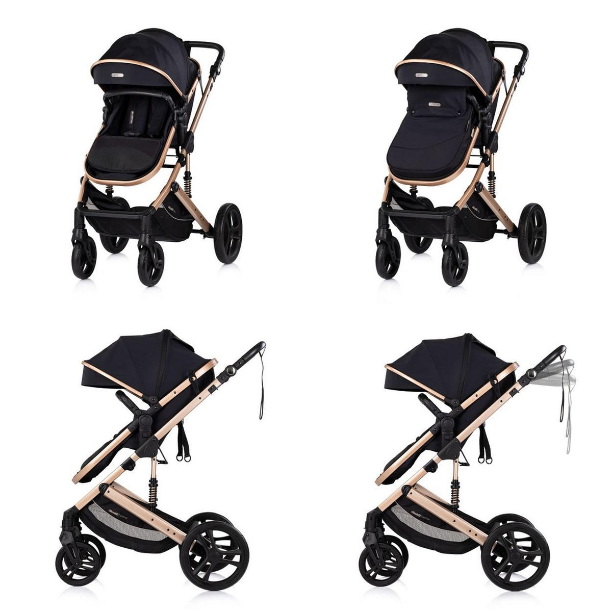 KOMBIKINDERWAGEN 2 in 1 Amore black Getränkehalter Wickeltasche Fußabdeckung Korb - Schwarz, Metall (95/63/105cm) - Chipolino