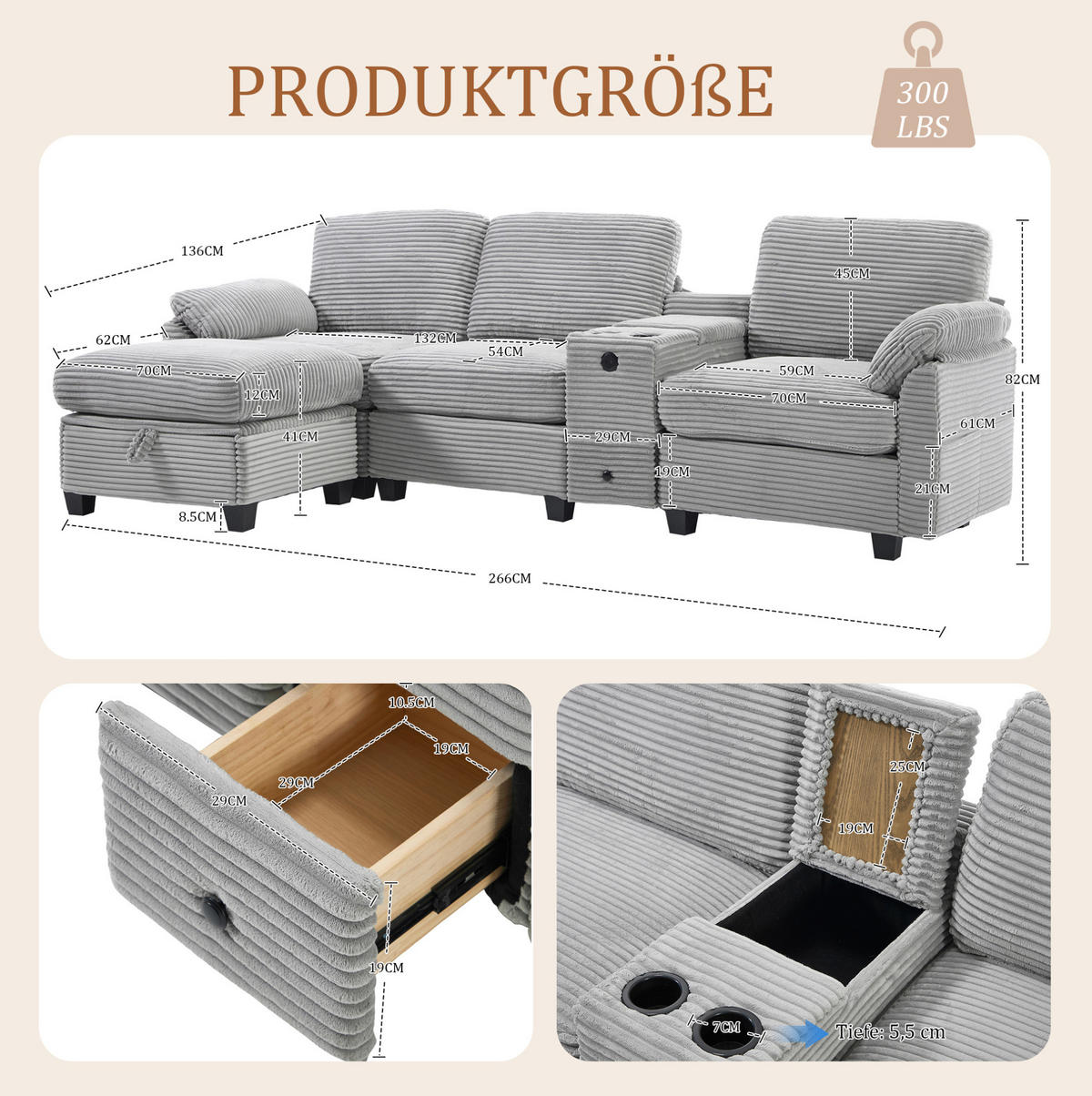 WOHNLANDSCHAFT Cord mit Stauraum und USB-Anschluss 266/136/82 cm Hellgrau - Hellgrau, Textil (136/82/266cm) - Redom