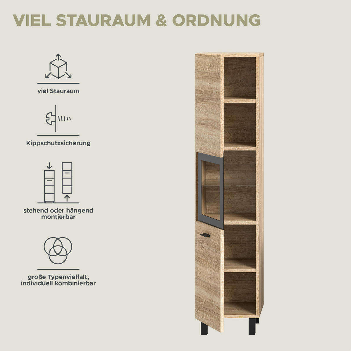 BADSCHRANK Boston/Tampa Bad in Eiche Sonoma Nachbildung und schwarz B/H/T: 30x125x29 cm - Sonoma Eiche, Holzwerkstoff (30/125/29cm)