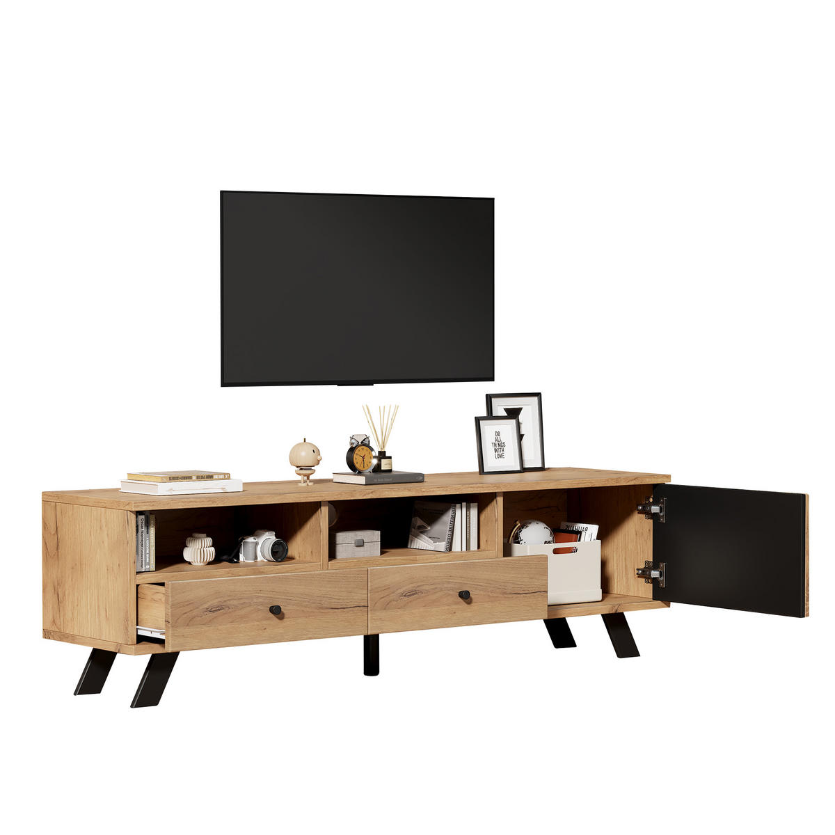 TV-ELEMENT150CM 150x38x44cm Lowboard Holz-Schwarz für 60-Zoll-Fernseher - Naturfarben, Holz (48.79/14/162.28cm) - Raelunyi