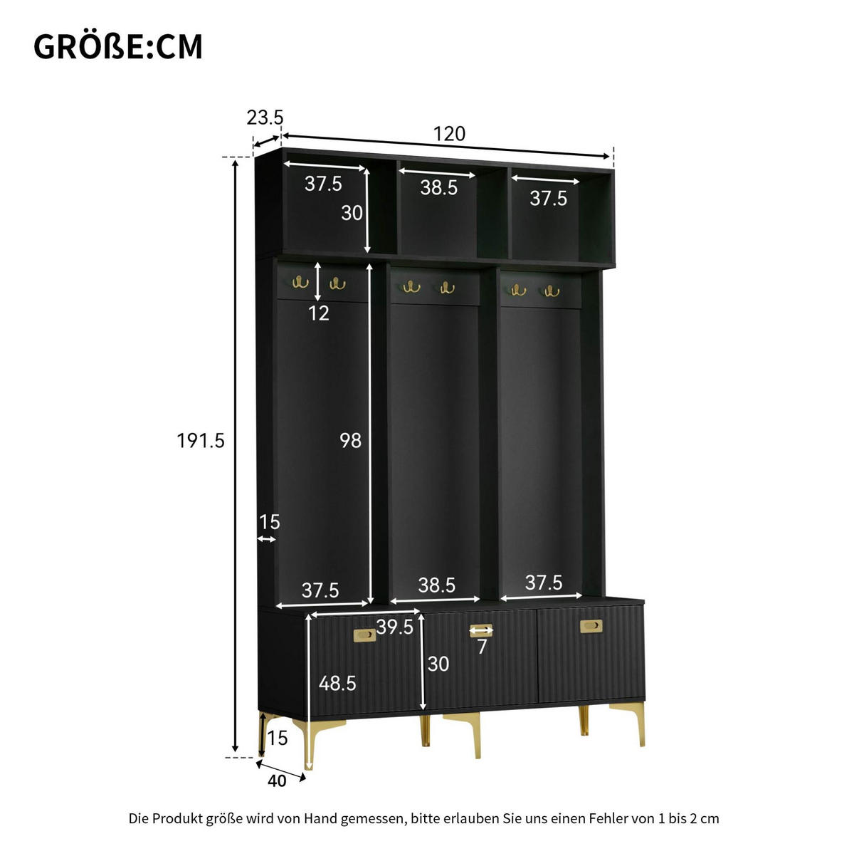GARDEROBE mit Türen und Schubladen, skandinavische Holzoptik, 120/40/80 cm, Schwarz - Schwarz, Holzwerkstoff (120/191.5/23.5cm) - Redom