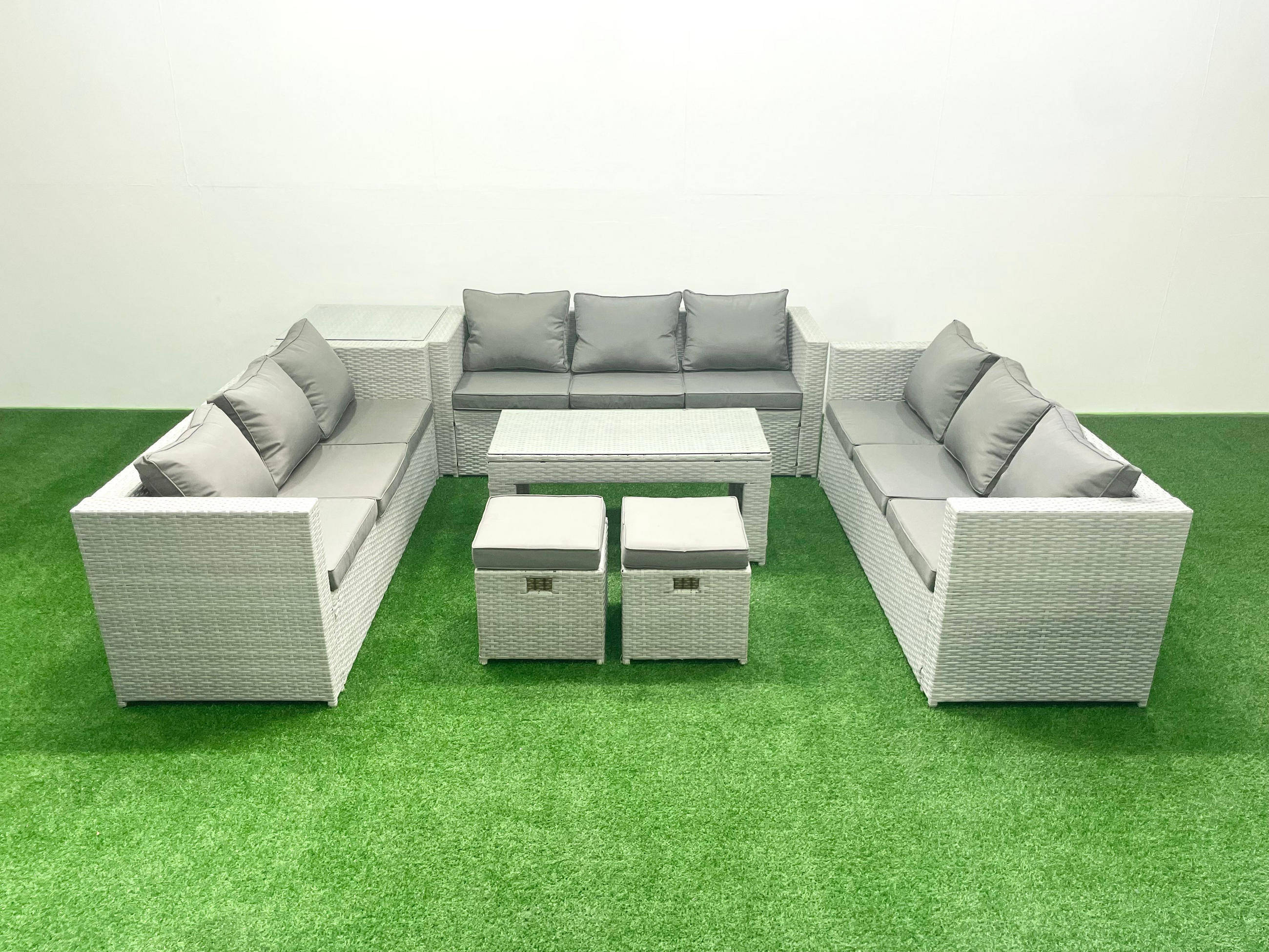 BALKONMÖBEL-SET Polyrattan Hellgrau-Mix 11-teilig - Hellgrau/Grau, Glas/Kunststoff - Fimous