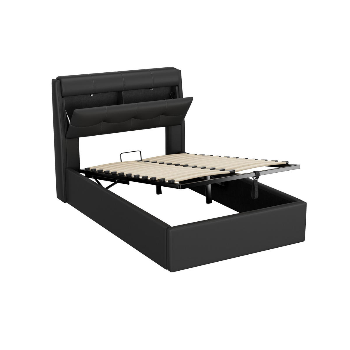 POLSTERBETT 90/200 cm Schwarz hydraulisches Bett mit Lattenrost und verstecktem Stauraum - Schwarz, Kunststoff (90/200cm) - OKWISH