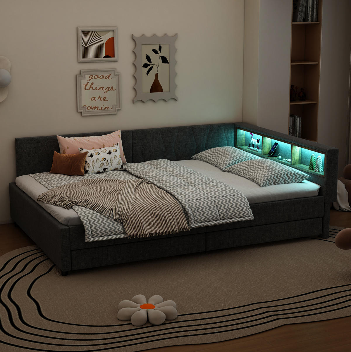 POLSTERBETT 140/200 cm aus Leinen und MDF mit LED-Lichtleiste, USB-C und 2 Schubladen Grau - Grau, Textil (140/200cm) - Modenvie