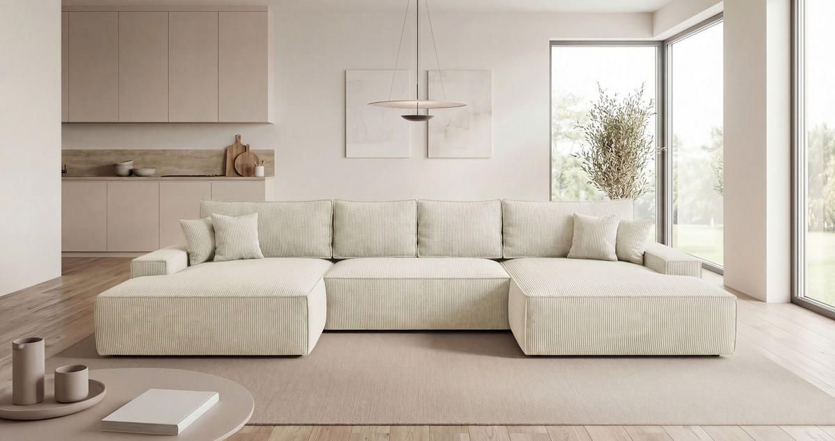 WOHNLANDSCHAFT VERONA U-Form weiß Cord Poso 100 - Schlaffunktion, Bettkasten - Weiß, Textil (385/86/185cm) - Cornero