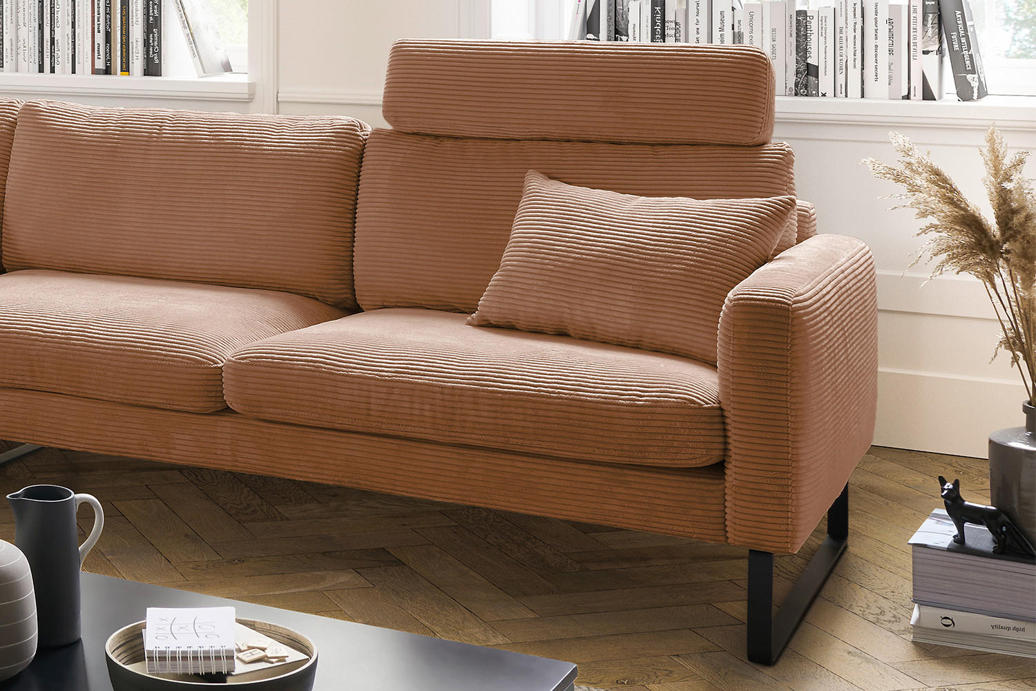 ECKSOFA RICARDA Braun Cord - Dunkelbraun/Schwarz, Textil/Metall (298/154cm) - KAWOLA