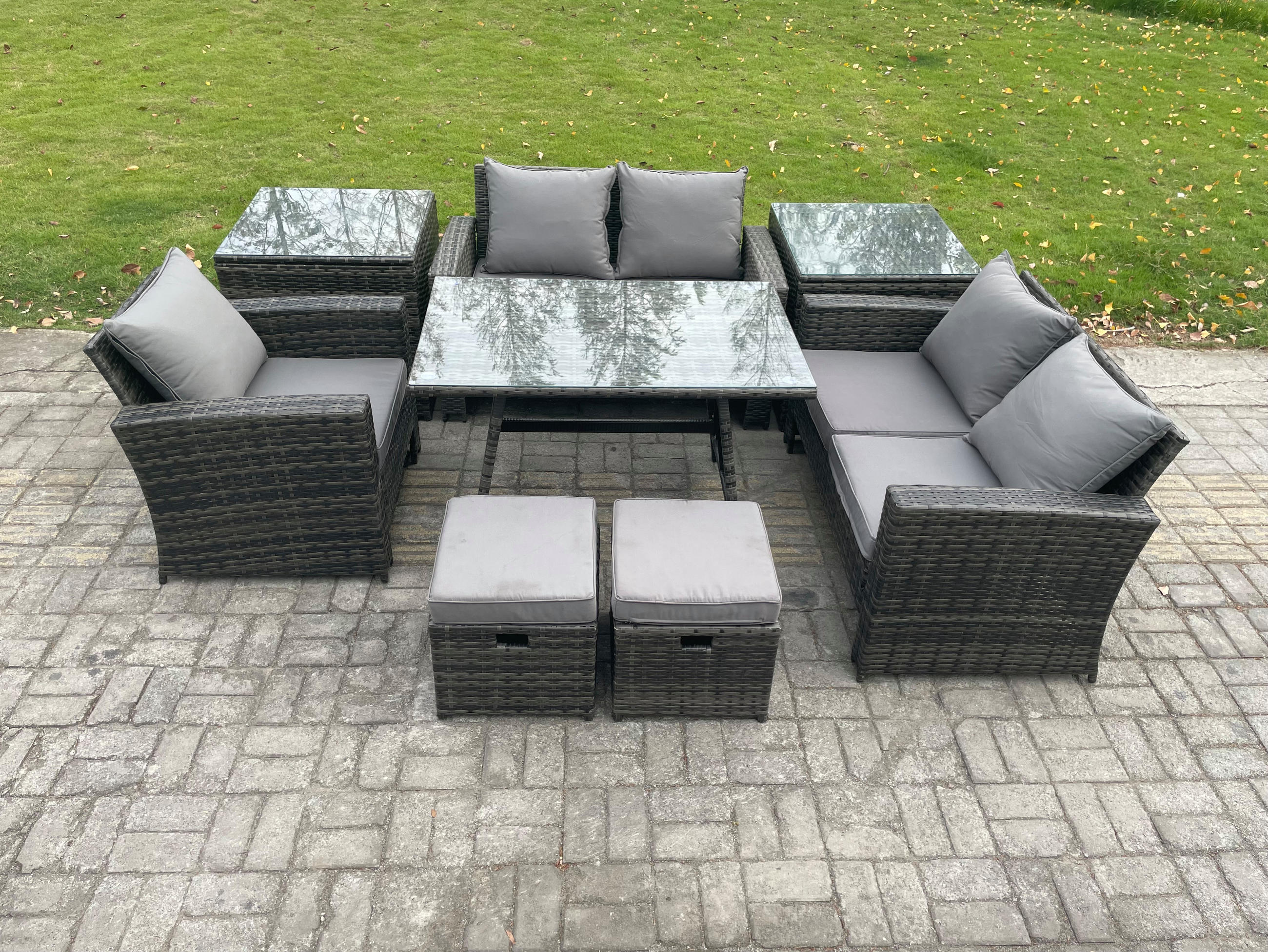GARTENMÖBELSET mit ESSTISCH,HOCHLEHNER-SOFA Polyrattan Dunkelgrauer Mix 7-Sitzer - Dunkelgrau/Grau, Glas/Kunststoff - Fimous
