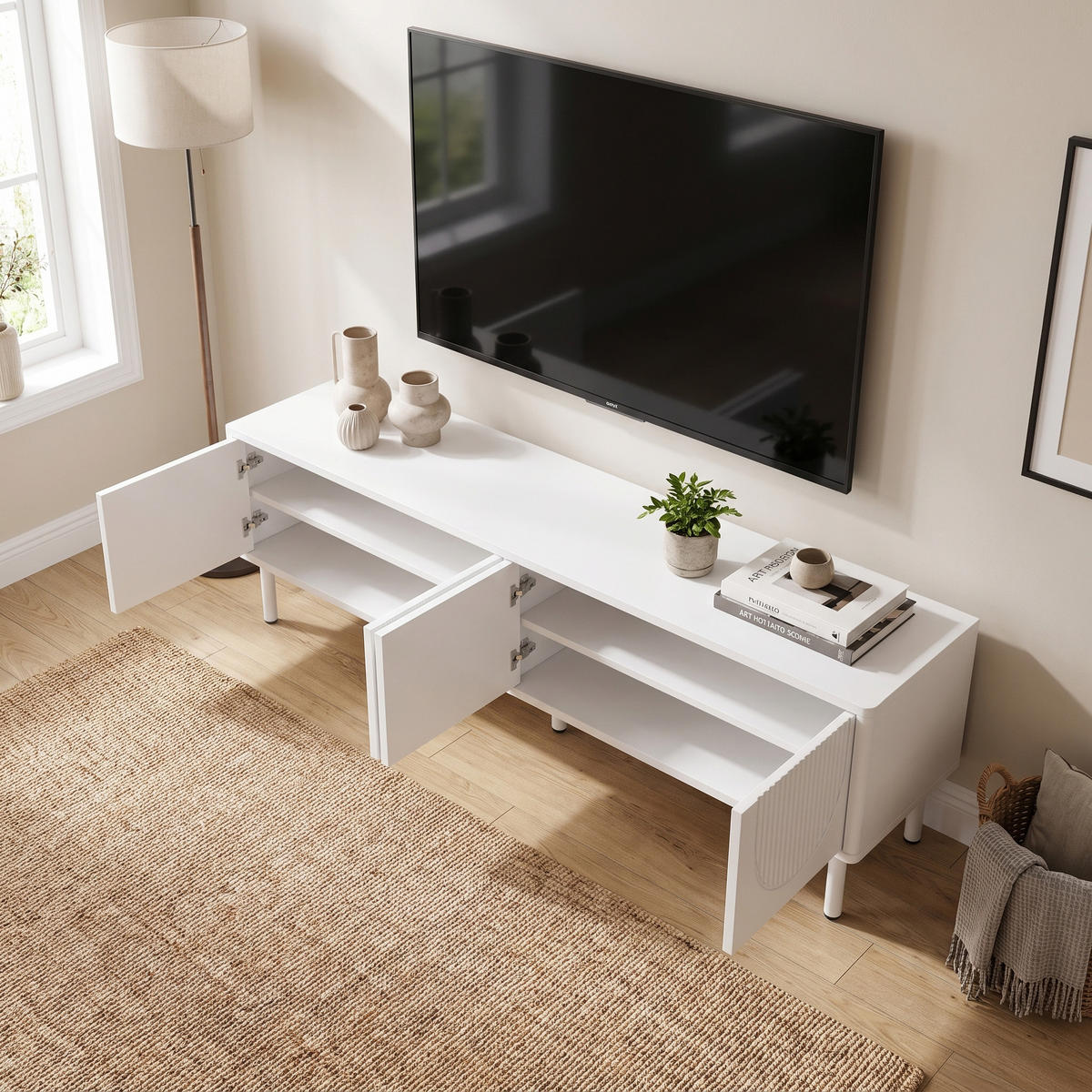 TV-LOWBOARD in Mattweiß mit 3D-Relief, mit 4 Fächern und Kabelmanagement - Vit, Träbaserade material (180/52/40cm) - Urban Meuble