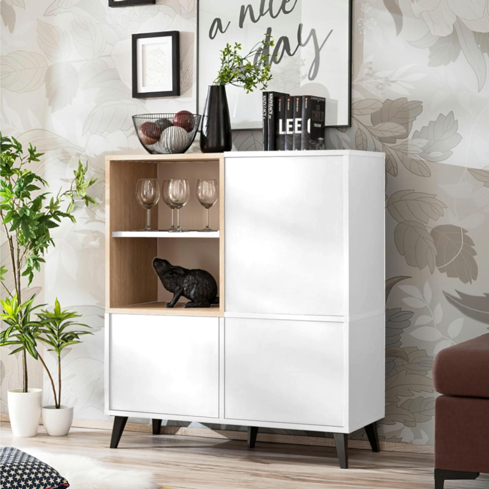 Thumbnail - Komodee Sideboard, Weiß, Hellbraun, Glas, Holzwerkstoff, 1 Fächer, 90x102x35 cm, Wohnzimmer, Kommoden & Sideboards, Side...