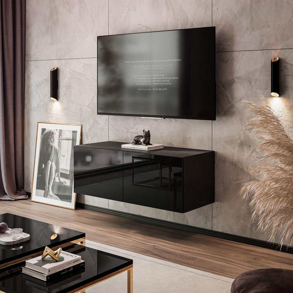 HÄNGESCHRANK TV-Möbel COLGANTE 100 cm - Schwarz Hochglanz, Holzwerkstoff (100/36/40cm) - Lookway
