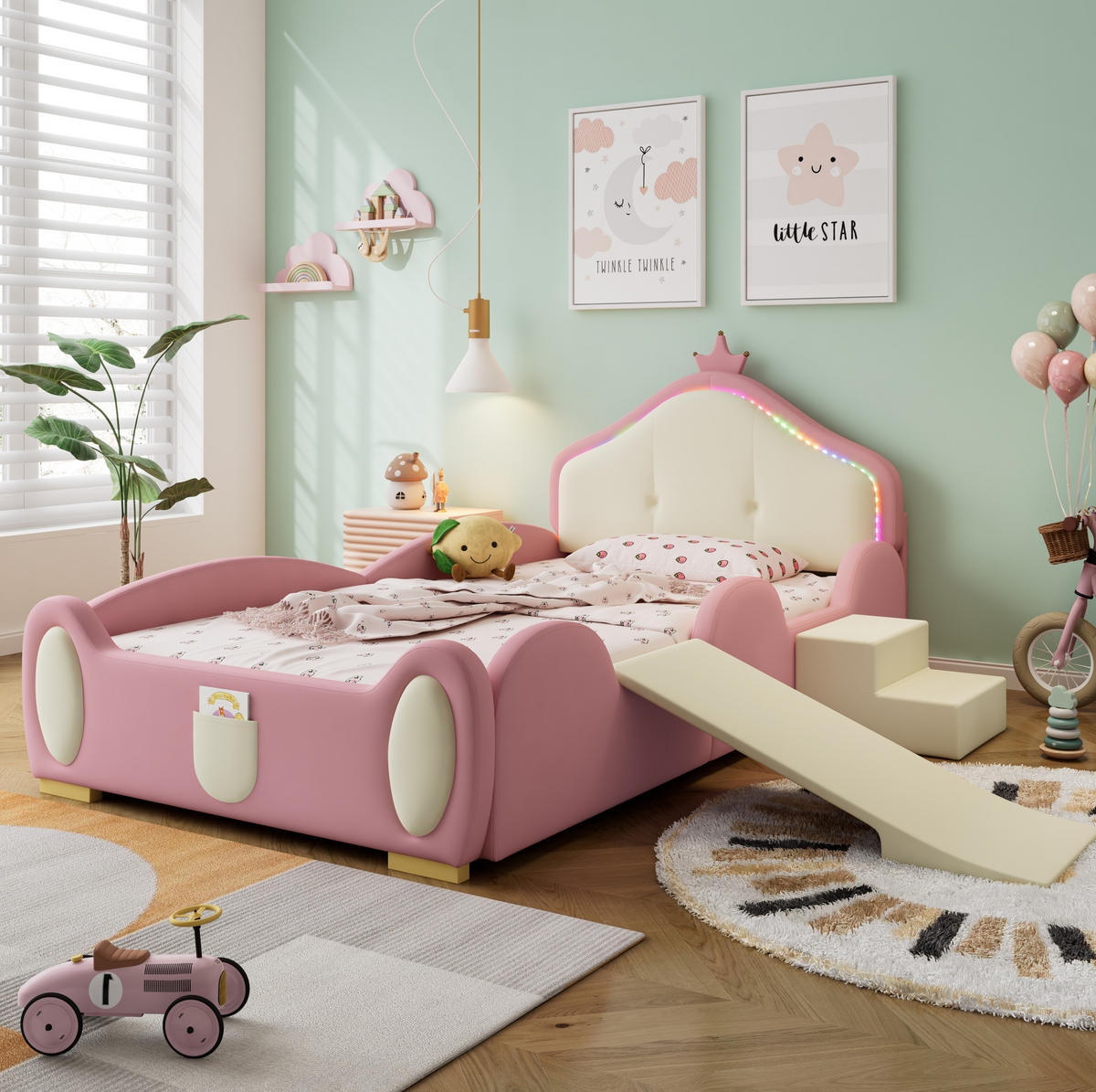 POLSTERBETT mit Rutsche, Treppe und LED 90x200 cm Rosa - Pink, Holzwerkstoff (90/200cm) - Beauniv