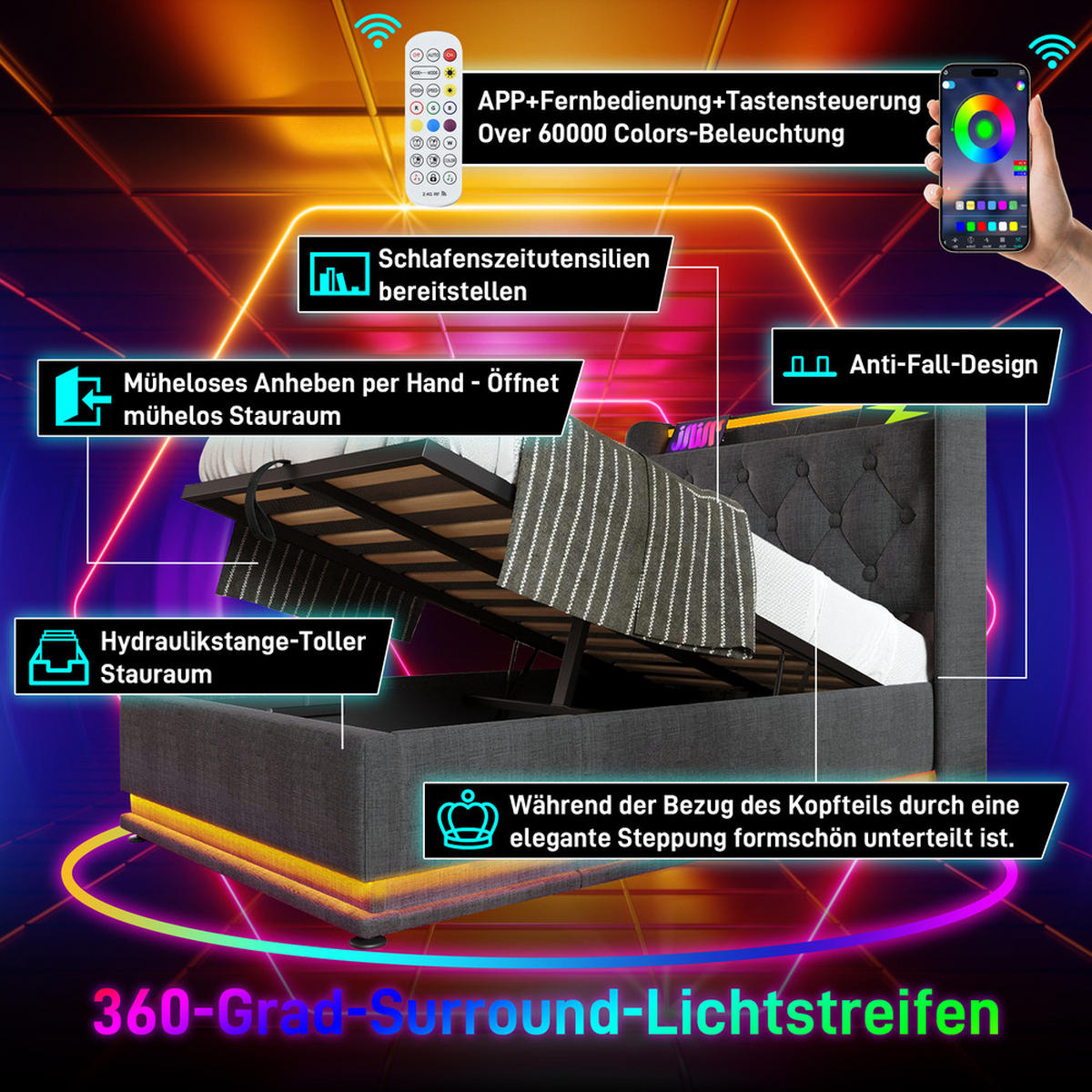 POLSTERBETT 90x200cm Einzelbett 360° LED USB-C Hydraulik Grau Leinen - Grau, Holz (90/200cm) - FLIEKS