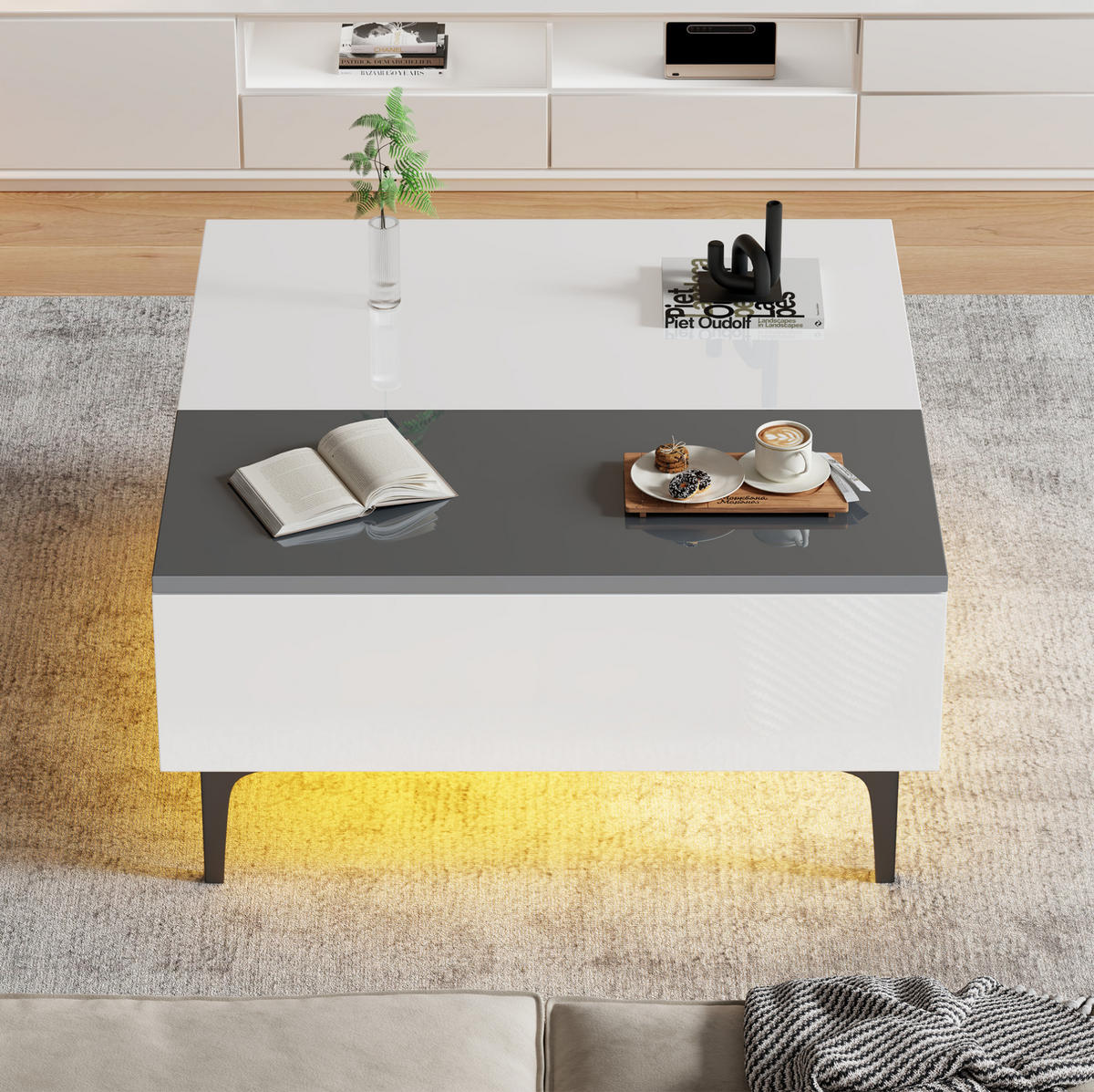 COUCHTISCH 70/70/35 cm weiß/grau aus MDF mit LED und Stauraum - Weiß, Holzwerkstoff (70/70/35cm) - OKMYHOME