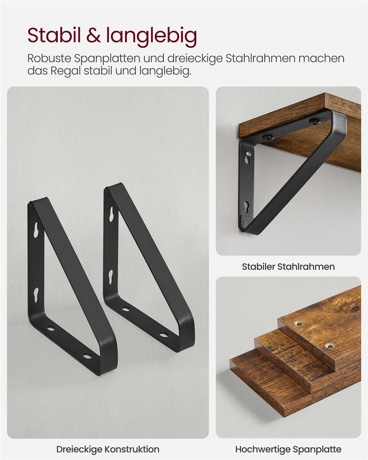 WANDREGAL 3er Set Schweberegal Industrie Stil - Braun, Metall (12.7/11/40cm) - Kaket