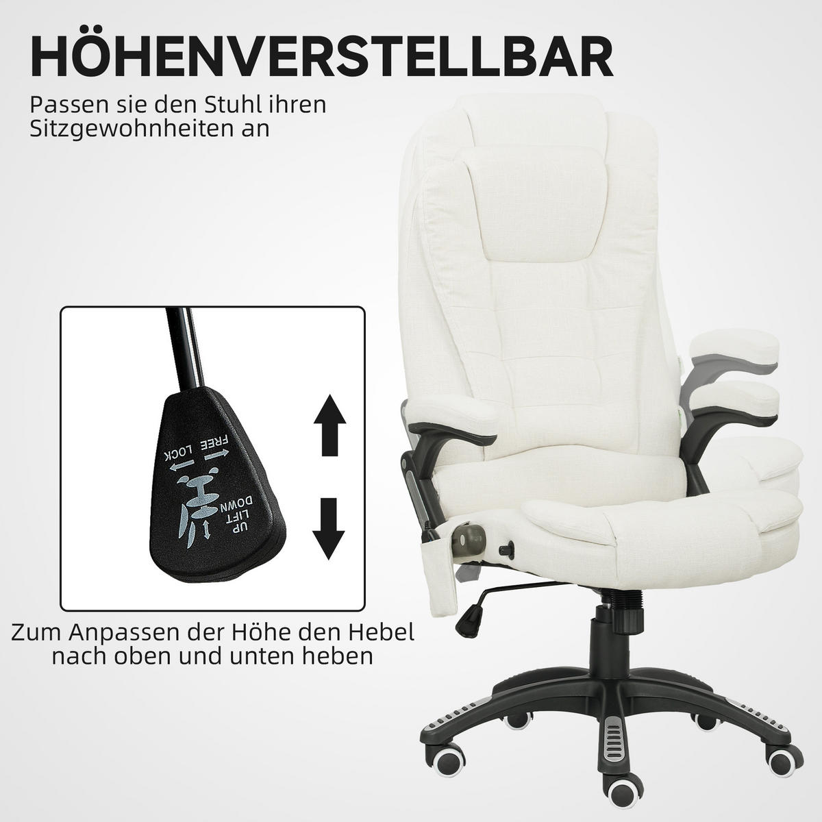 MASSAGESESSEL Chefsessel Gamingstuhl Drehstuhl Massagebürostuhl Cremeweiß - Schwarz/Weiß, Kunststoff/Textil (74/116/67cm) - Vinsetto