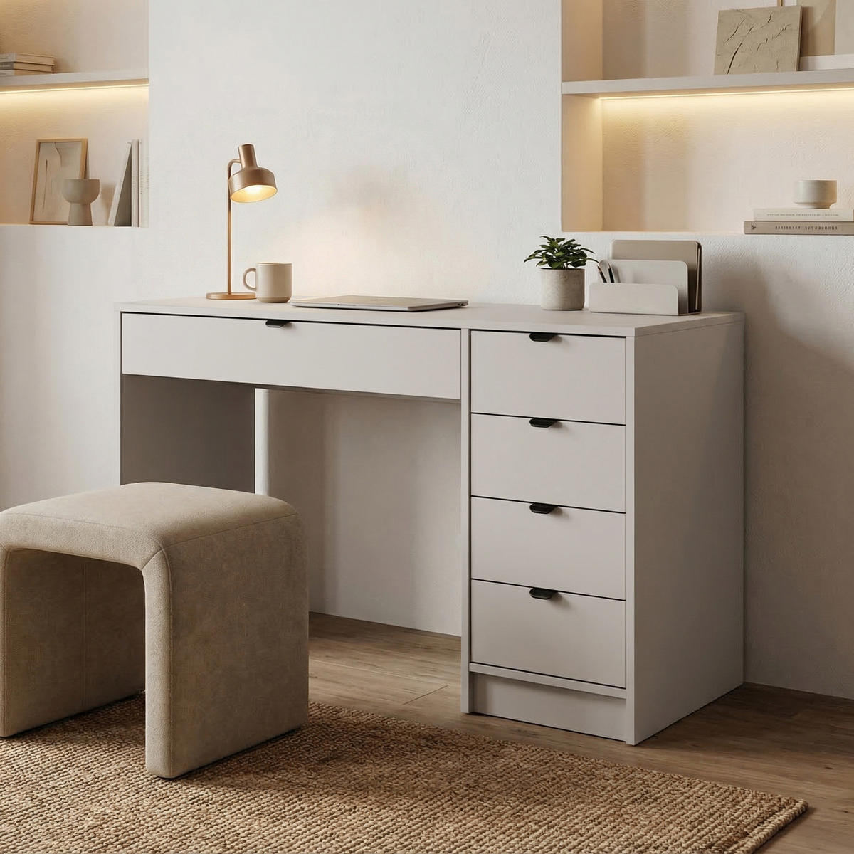 SCHREIBTISCH Malta mit 5 Schubladen, mit Griffen, Kaschmir - Kaschmir/Schwarz, Holzwerkstoff/Metall (57/120/75.5cm) - Beautysofa