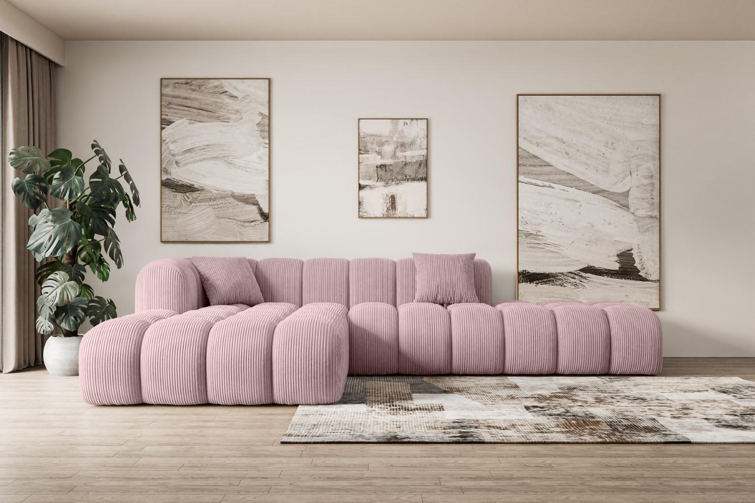 ECKSOFA Ottomane Links OLEA-L2 - 289x176x71 cm Rosa Cord - Schwarz/Rosa, Holzwerkstoff/Kunststoff (176/289cm) - ALTDECOR