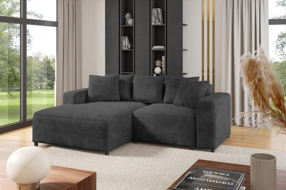 ECKSOFA Megan Xs In Stoff Poso - Dunkelgrau, Holzwerkstoff/Textil (240/165cm) - Fun Möbel