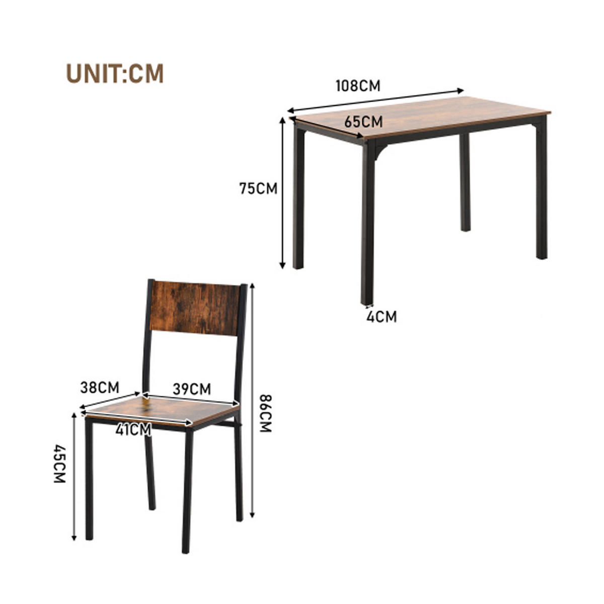 ESSGRUPPE DE-38926 108/65 cm Tisch mit 4 Stühlen Vintagebraun - Braun, Holzwerkstoff (108/75/65cm) - ComfortXL