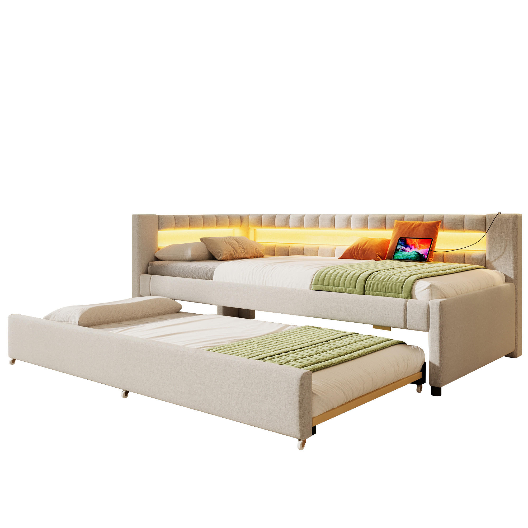 TAGEBETT 90x200cm Beige LED-Licht Ausziehbett USB Leinen - Beige, Holz (90/200cm) - FLIEKS
