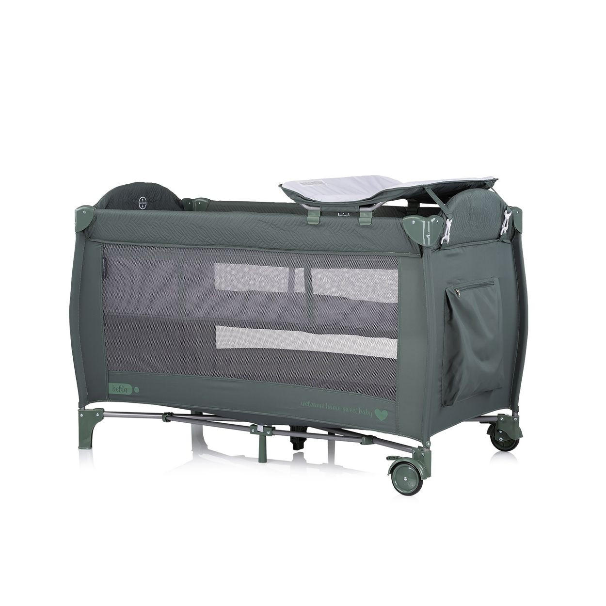REISEBETT Bella grün gemustert 2 Ebenen seitlicher Eingang Musikmobile Wickelauflage - Grün, Kunststoff (60/120cm) - Chipolino