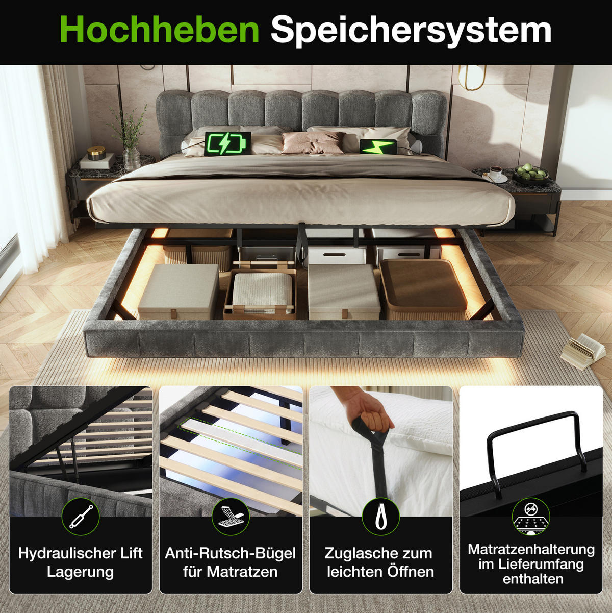 POLSTERBETT aus Chenille 160x200 cm Grau mit Bettkasten, LED-Beleuchtung und USB-/Typ-C-Anschlüssen - Grau, Textil (160/200cm) - Modfu