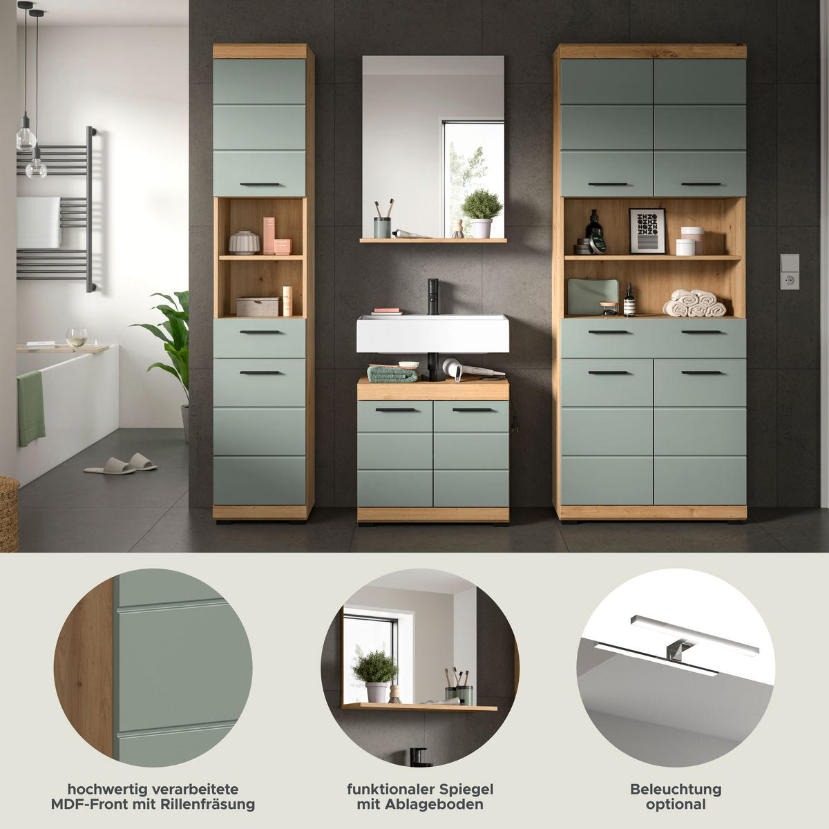 BADKOMBINATION 4tlg. Scout Bad in Artisan Eiche Nachbildung und Salbei Nachbildung B/H/T: 186x191x34 cm - Eiche Artisan, Holz (186/191/34cm)